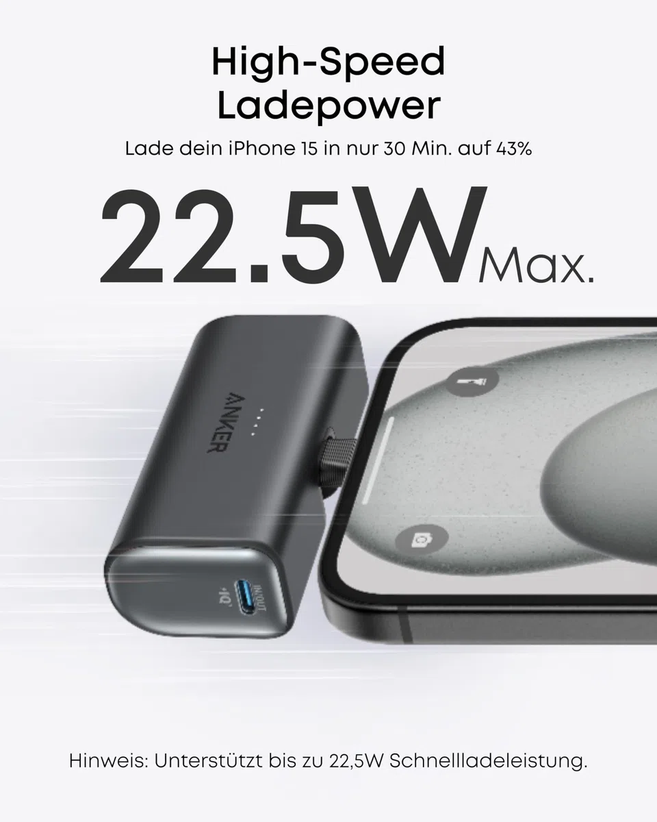 Anker Nano Powerbank, 5000mAh Powerbank 22.5W, Integrierter Faltbarer USB-C Konnektor, Kompatibel mit iPhone 17/16/15, Samsung S22/23 Serie, Note20 Serie, Huawei, iPad Pro/Air, AirPods und mehr