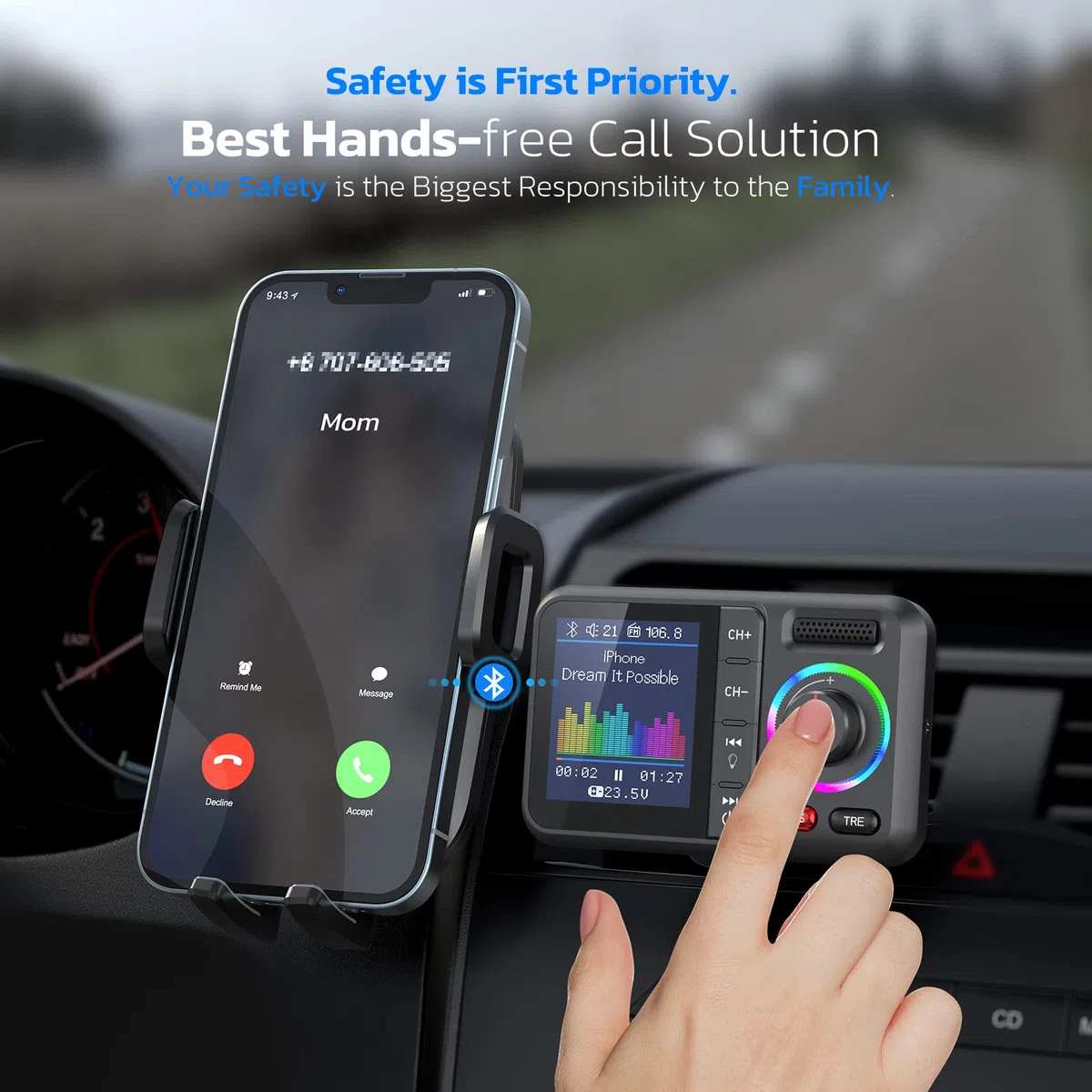 Nulaxy Bluetooth Adapter Auto FM Transmitter Bluetooth V5.0 Großer Bildschirm Unterstützung für Handfreie Anrufe Siri&Google MP3-Musik wiedergabe Subwoofer &TRE-Erweiterungen TF-Karte/AUX-KM28 Schwarz