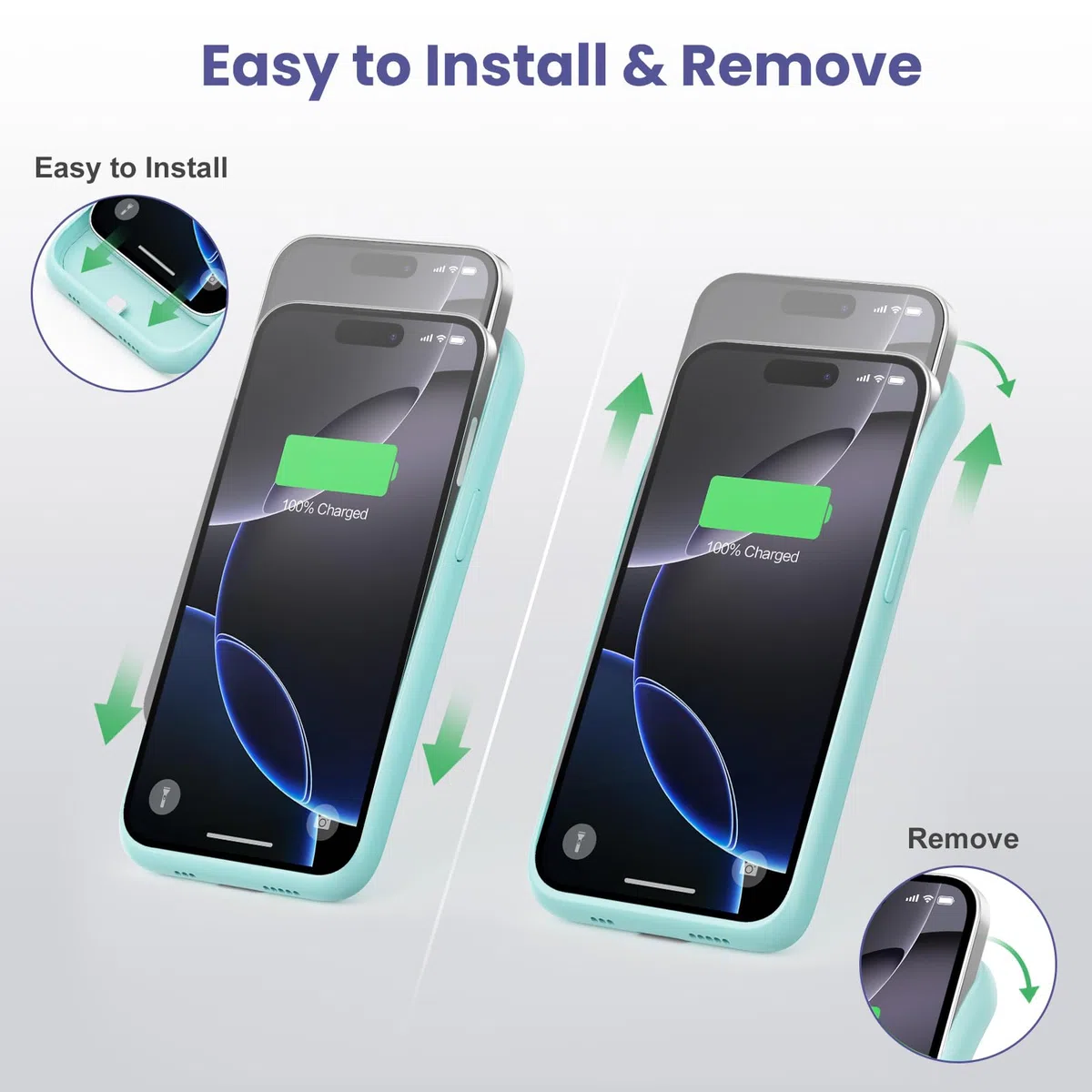 Feob Akku Hülle für iPhone 16 Pro, 7500 mAh Wiederaufladbar Batterie Ladehülle Akku mit Schutzfolie, Tragbares Batterieladegerät Hülle Leistungsstarke Power Bank für iPhone 16 Pro (6,3") (Grün)