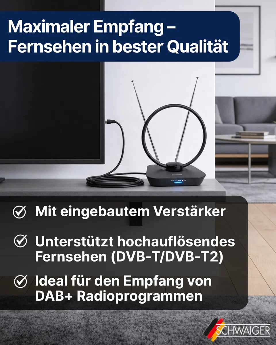 SCHWAIGER DVB-T2 Zimmerantenne aktiv I 36 dB TV-Antenne mit Verstärker regelbar & LTE-Filter I DVB-T2 HD Ringantenne für Fernseher I DAB+ Radio Innenantenne mit Teleskop-Stäben