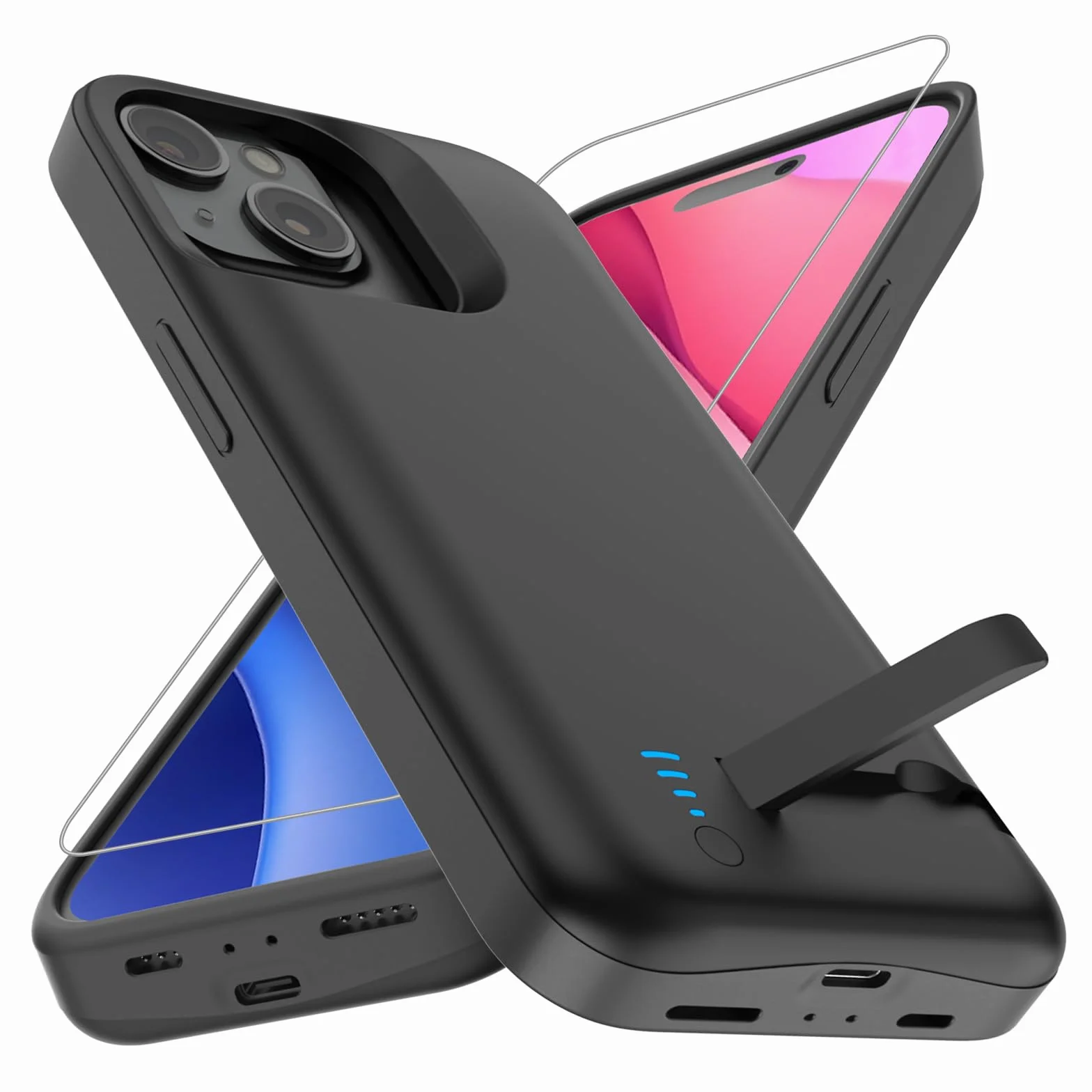 Akku-Hülle für iPhone 15, Echtes 8500 mAh, Schmal, Wiederaufladbar, Erweitertes Ladegerät, Ladehülle Mit Ständer, Tragbare Schützende Powerbank für iPhone 15, 6,1 Zoll – Schwarz