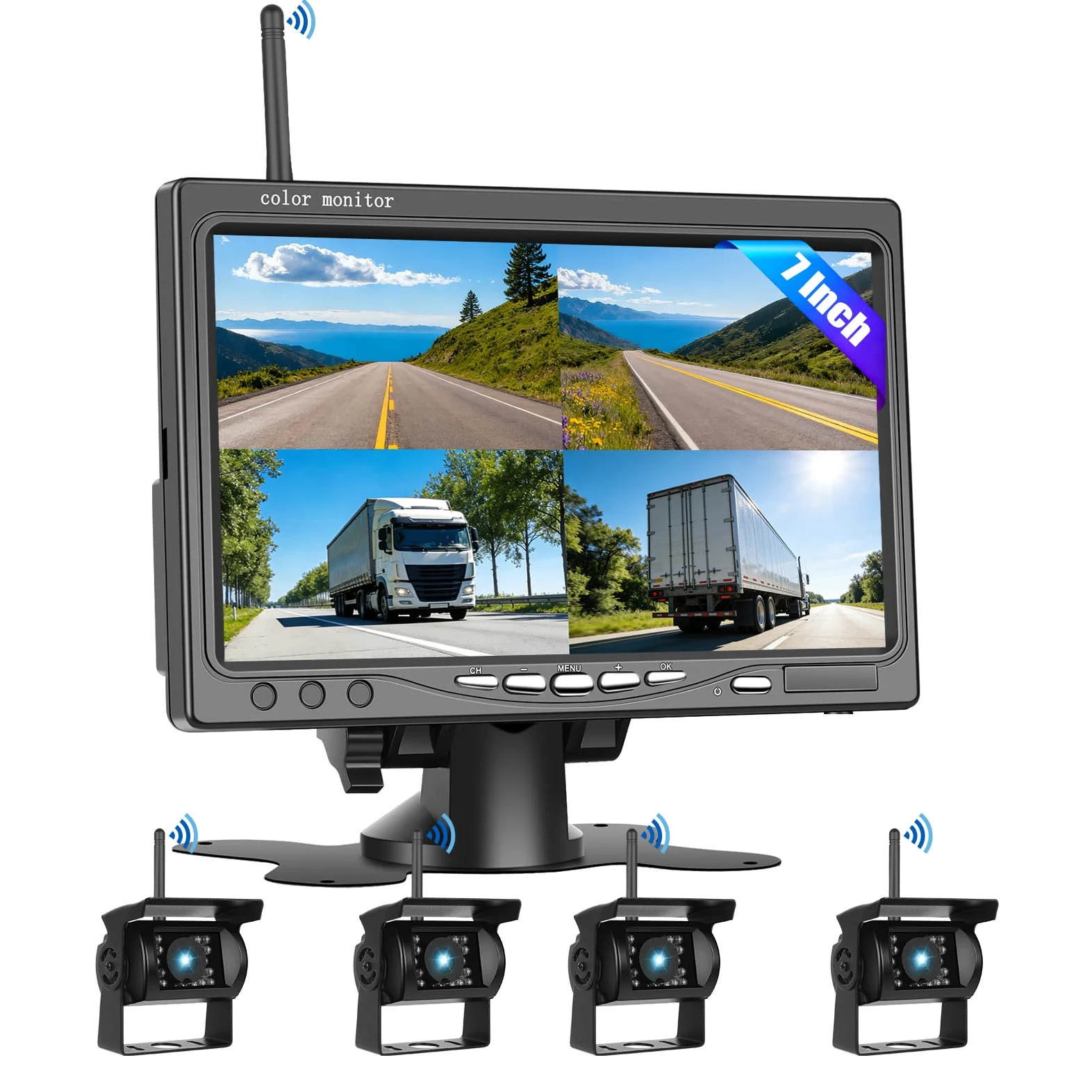 1080P Kabelloses Rückfahrkamerasystem 7-Zoll 4 Kanäle IP69 Nachtsicht für Wohnmobile LKW Van SUV Pickup mit BSD