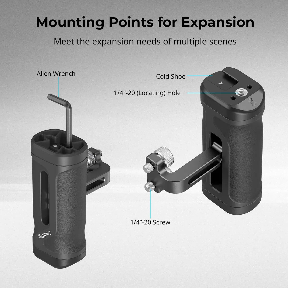 SMALLRIG Mini-Seitengriff Side Handle für 1/4"-20 Gewindelöcher, Kamerakäfiggriff, nach Oben und unten verstellbar, ergonomischer Kameragriff mit integriertem Blitzschuh und Gewindeloch – 4755