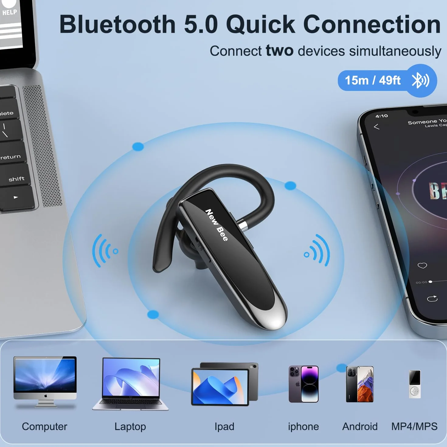 New Bee Bluetooth Headset Wireless Freisprech Telefon Bluetooth-Headset mit Mikrofon für iPhone Samsung Huawei mit 60 Tage Standby Schwarz