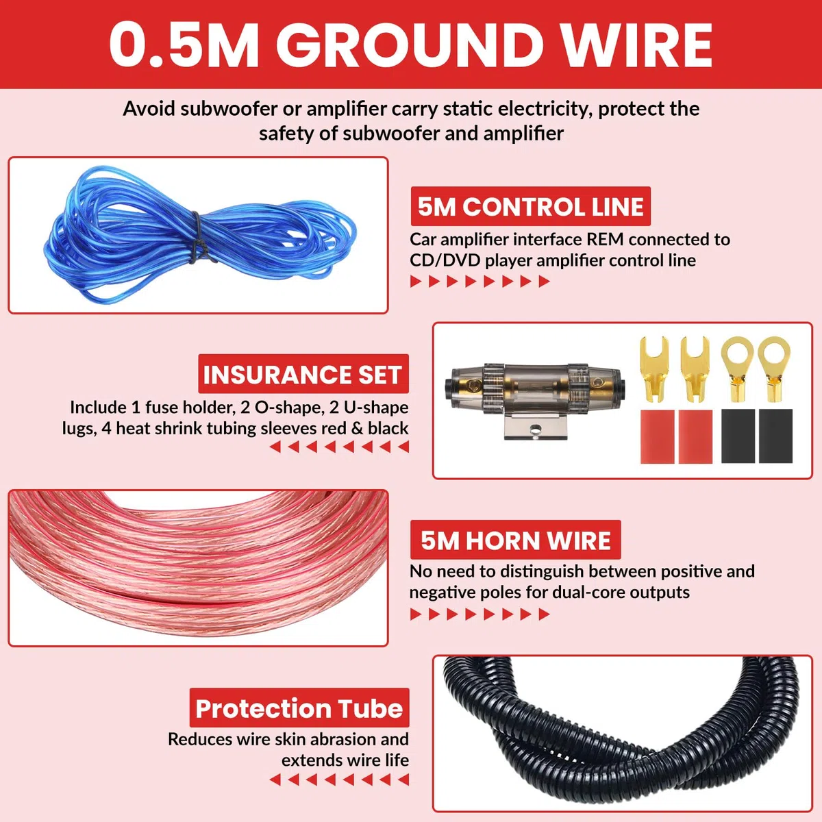 Verstärker Kabelsatz, Anschluss-Set Auto Verstärker Kabel Set, Subwoofer Kabel Set Endstufe Kabel, Car Audio Wire, (4-Gauge Leitung, 5 Meter)