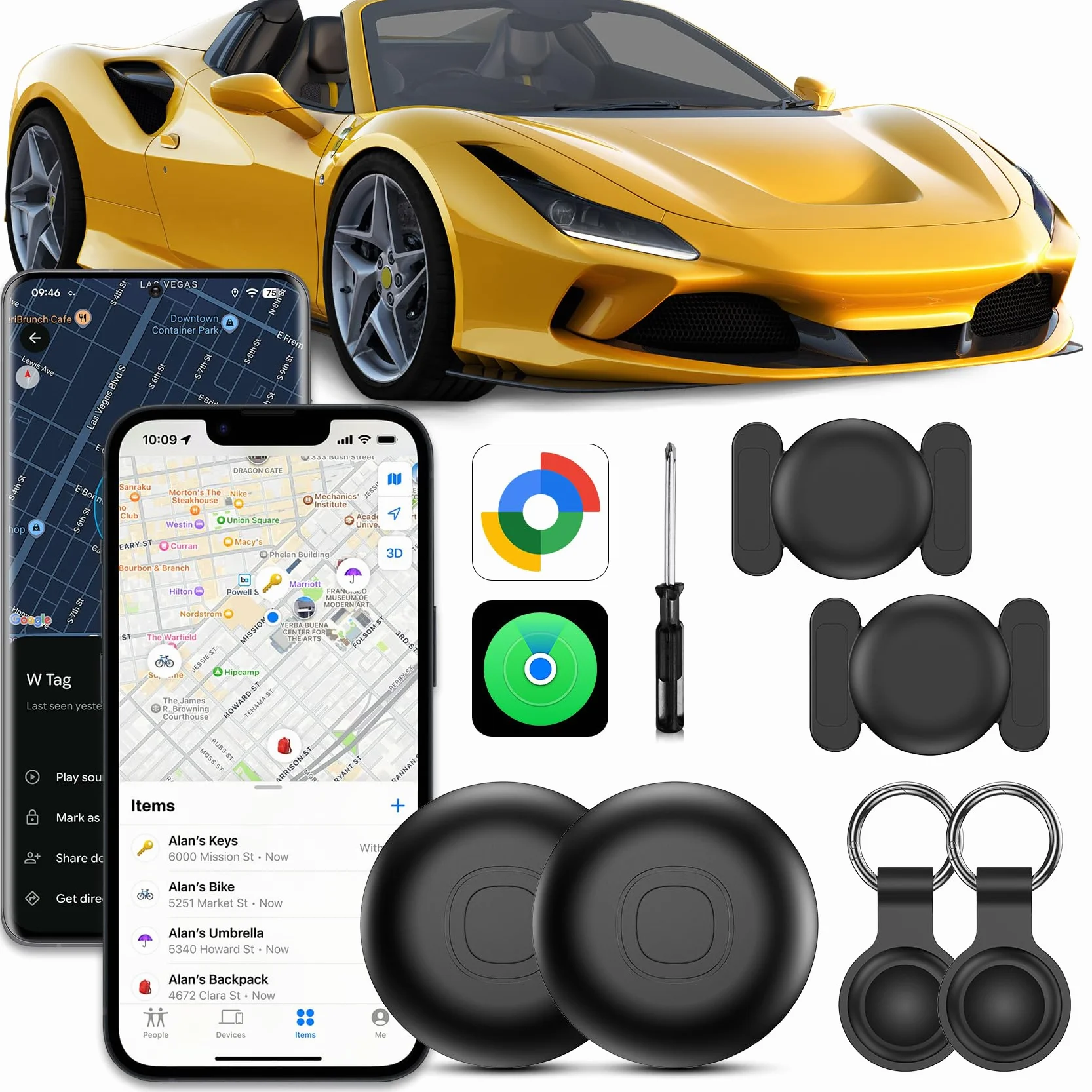 GPS Tracker Auto, 2er Pack Magnetisch Auto Tracker ohne ABO, Kompatibel mit iOS & Android, Wasserdichter Smart Tag, Globale Ortung Versteckter Tracker, IP68 Wasserdicht, Austauschbarer Akku