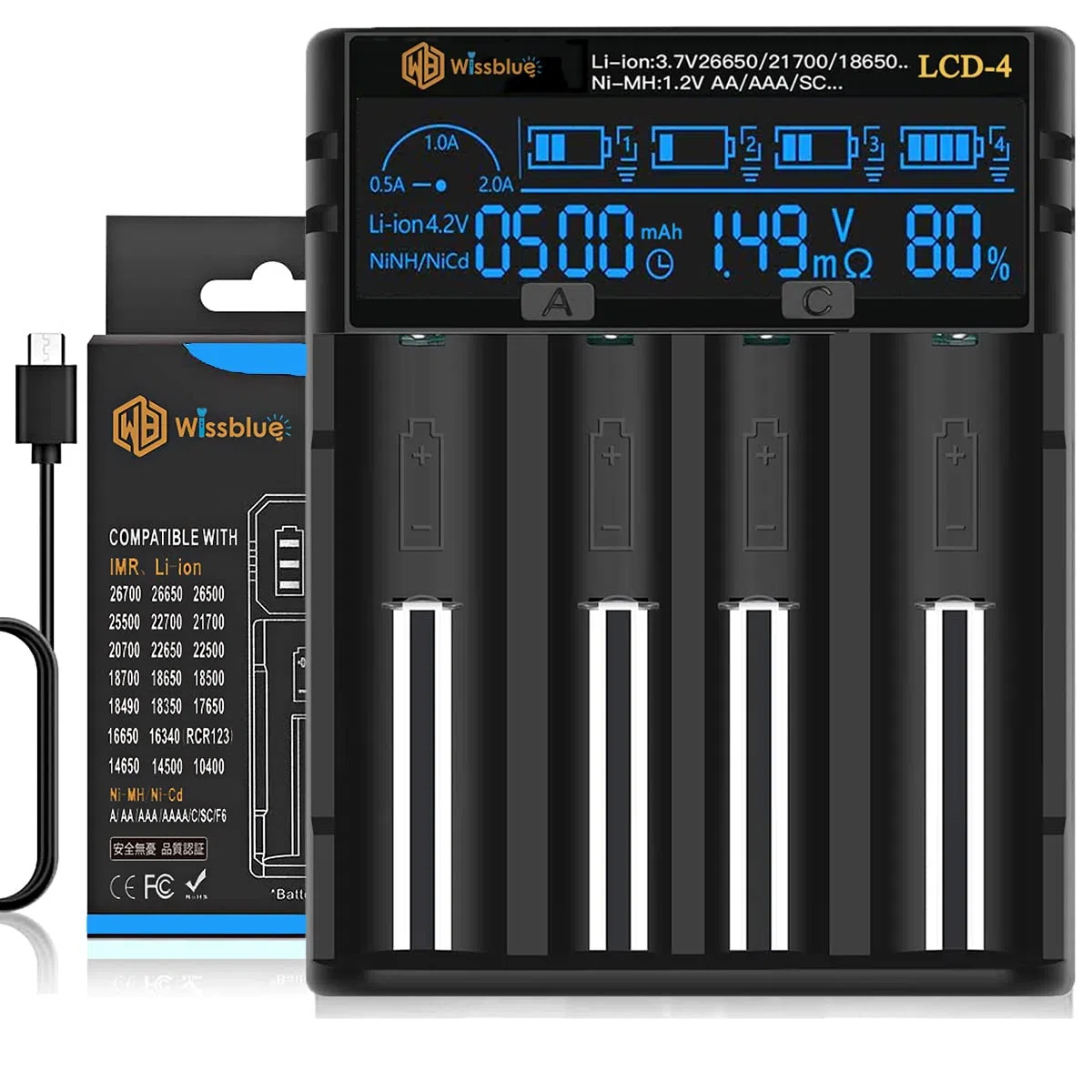 LCD-4 18650 akku ladegerät Batterie ladegerät 2A Schnell Leistung Batterie ladegerät ,LCD-Anzeige mit Power Bank-Funktion für 3.7V 14500 16340 18650 20700 21700 26650 1.2V AAAA AA A