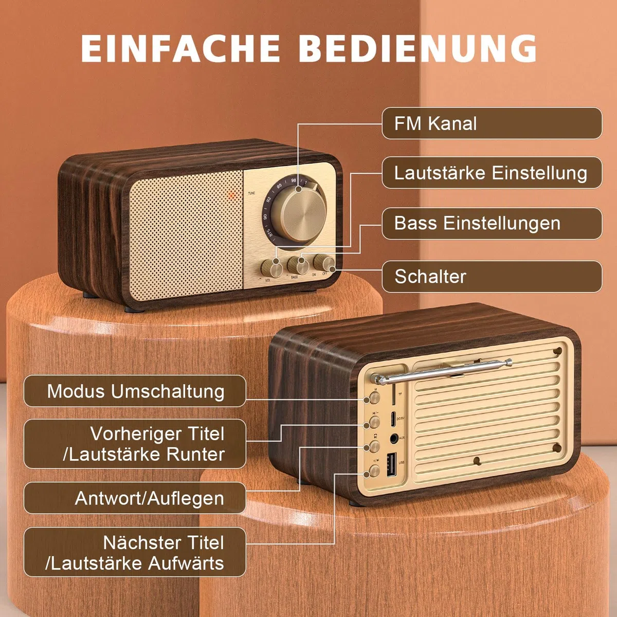 Nostalgie Radio, Retro Radios mit Bluetooth, TF Karten Slot, 2000mAH Wiederaufladbare Batterie, 5 Watt Lautsprecher, Vintage Radios mit AUX/USB, Radio für Küche/Schlafzimmer/Büro