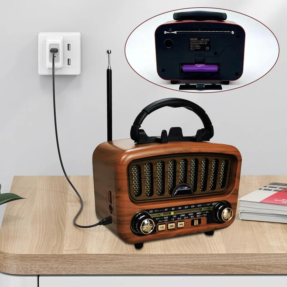 AM/FM/SW Retro Radio mit Bluetooth 5.0, Nostalgie Radios Klein mit 1800mAh Akku, Küchenradio & Kofferradio mit 5-W-Lautsprecher, Unterstützt USB/TF/AUX, Vintage Radio für Zuhause, Büro, Outdoor