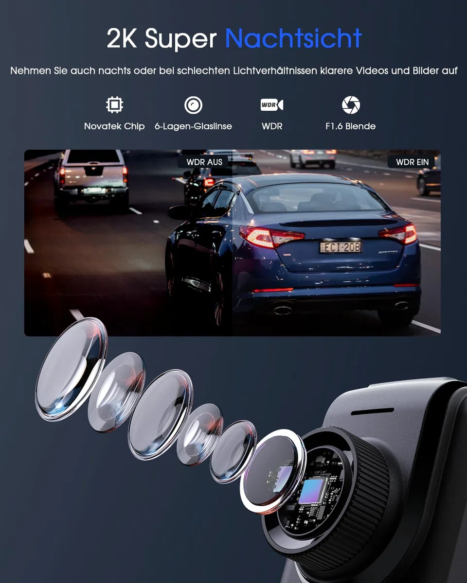 Avylet Dashcam 2K 1440P WiFi Mini Autokamera mit externem GPS 1.5" IPS-Bildschirm APP Super Nachtsicht WDR 24/7 Parküberwachung Loop-Aufnahme G-Sensor