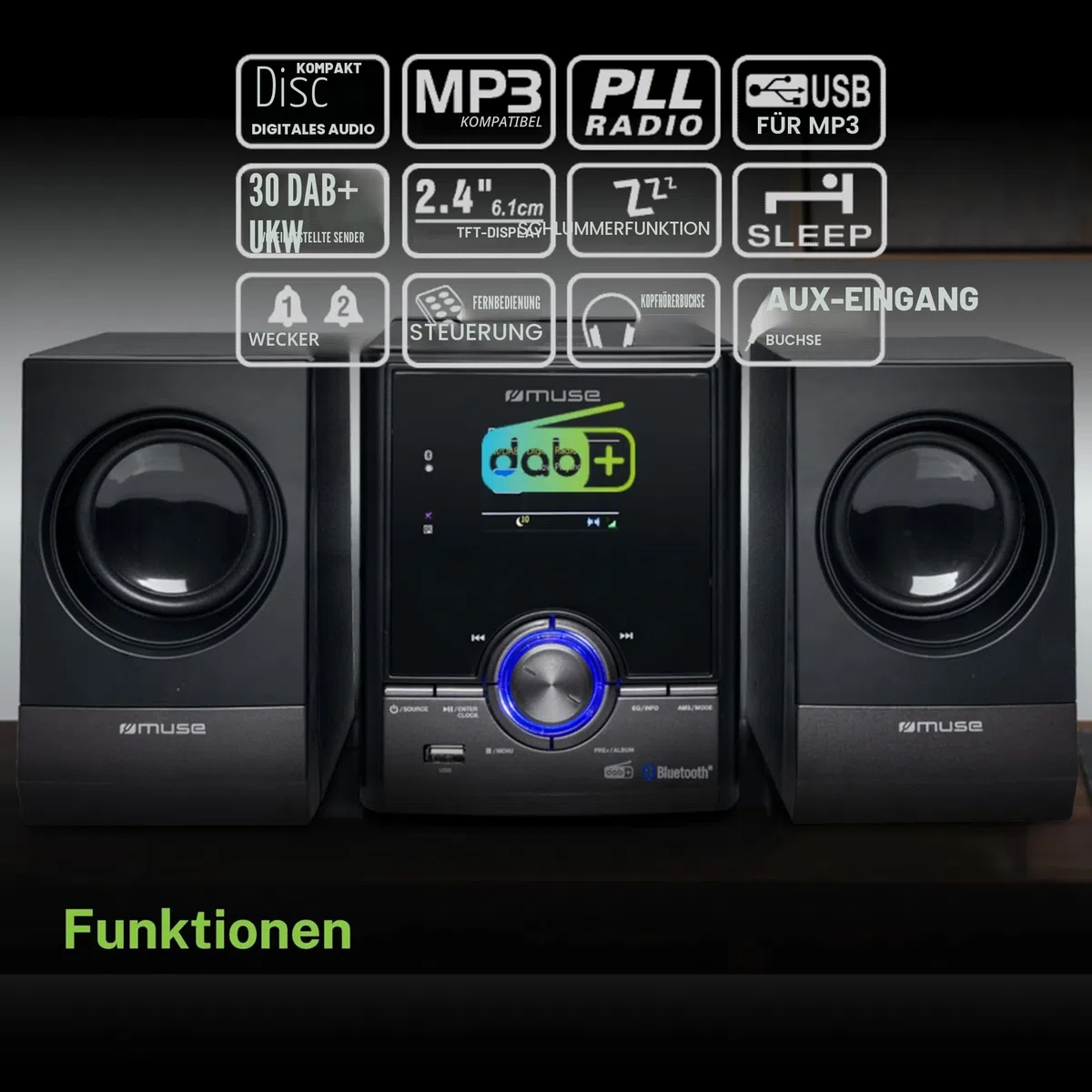 MUSE Stereoanlage, Kompaktanlage mit CD-Player & DAB Radio, Mini Stereoanlage mit 2 Lautsprecher, Musikanlage mit FM/DAB+ Digital-Radio, Bluetooth & AUX, MP3 & Spotify, Musik-Anlage Kompakt