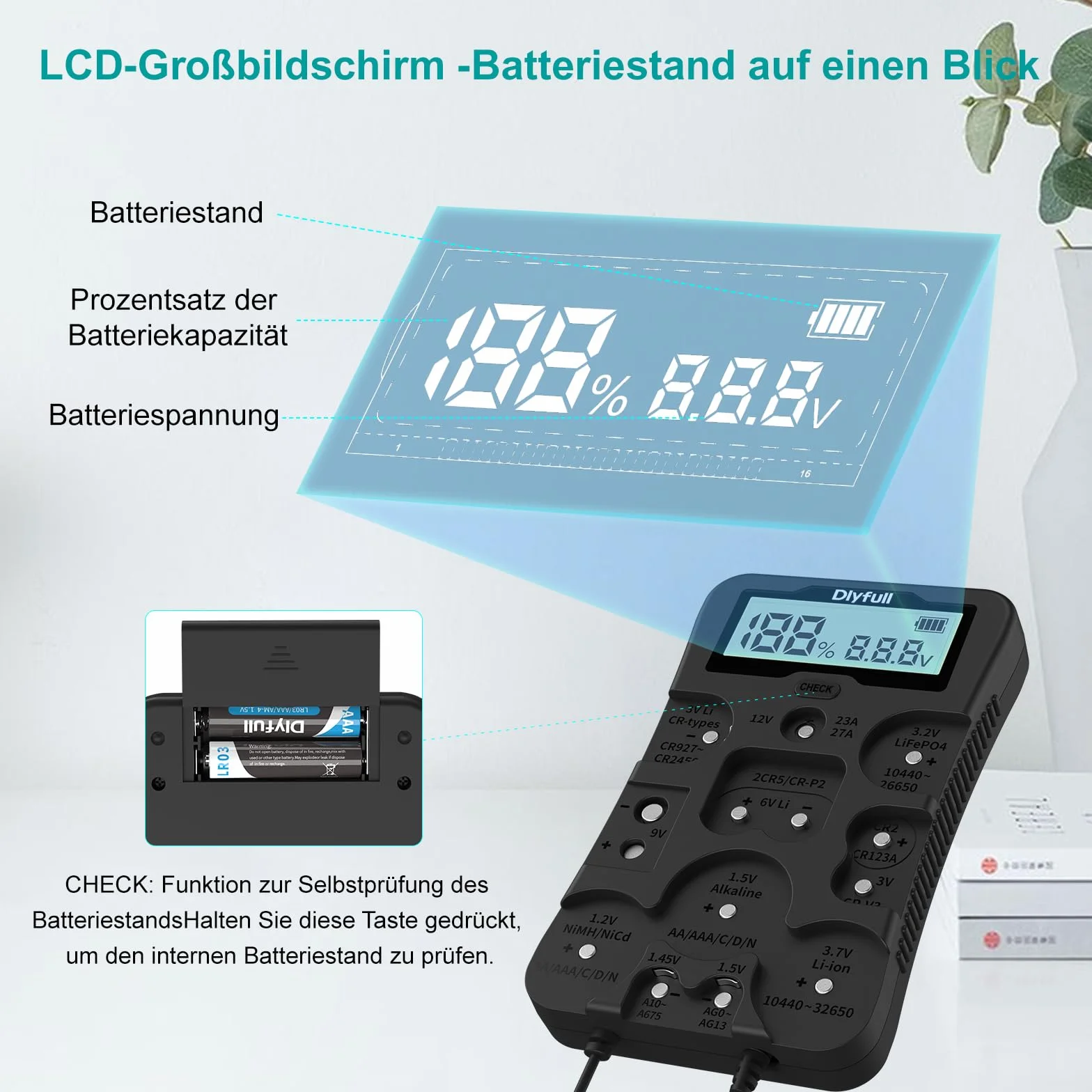 Dlyfull Universal Batterietester für AAA AA C D 9V CR123A CR2032, Batteriemessgerät mit LCD Display für Alle Batterien und Akku, Digitaler Testgerät für 1,5V und 3V Knopfzellen, B4 pro
