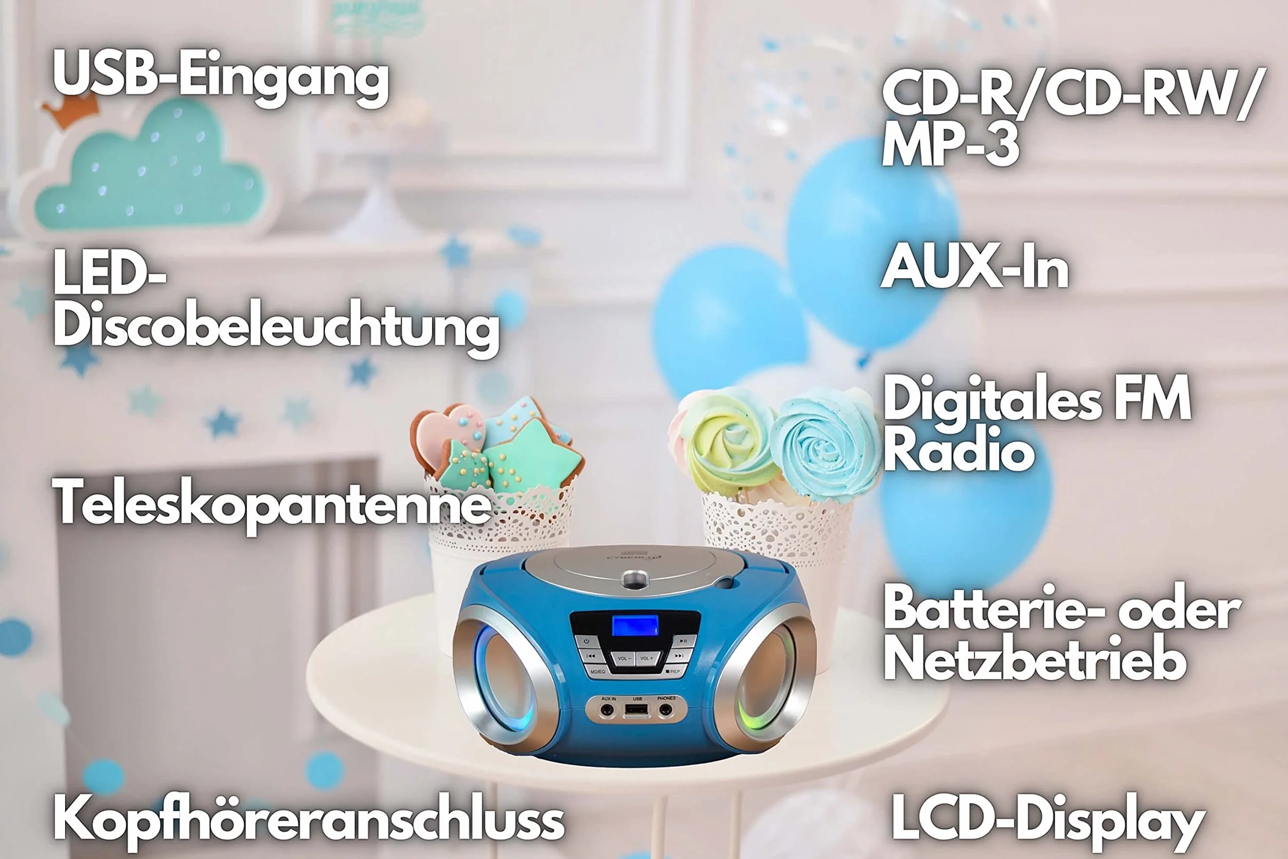 CD-Player mit LED-Beleuchtung | Kopfhöreranschluss | Tragbares Stereo-Radio | Kinderradio | Stereoanlage | USB | CD/MP3-Player | UKW-Radio | Kopfhöreranschluss | AUX-Eingang