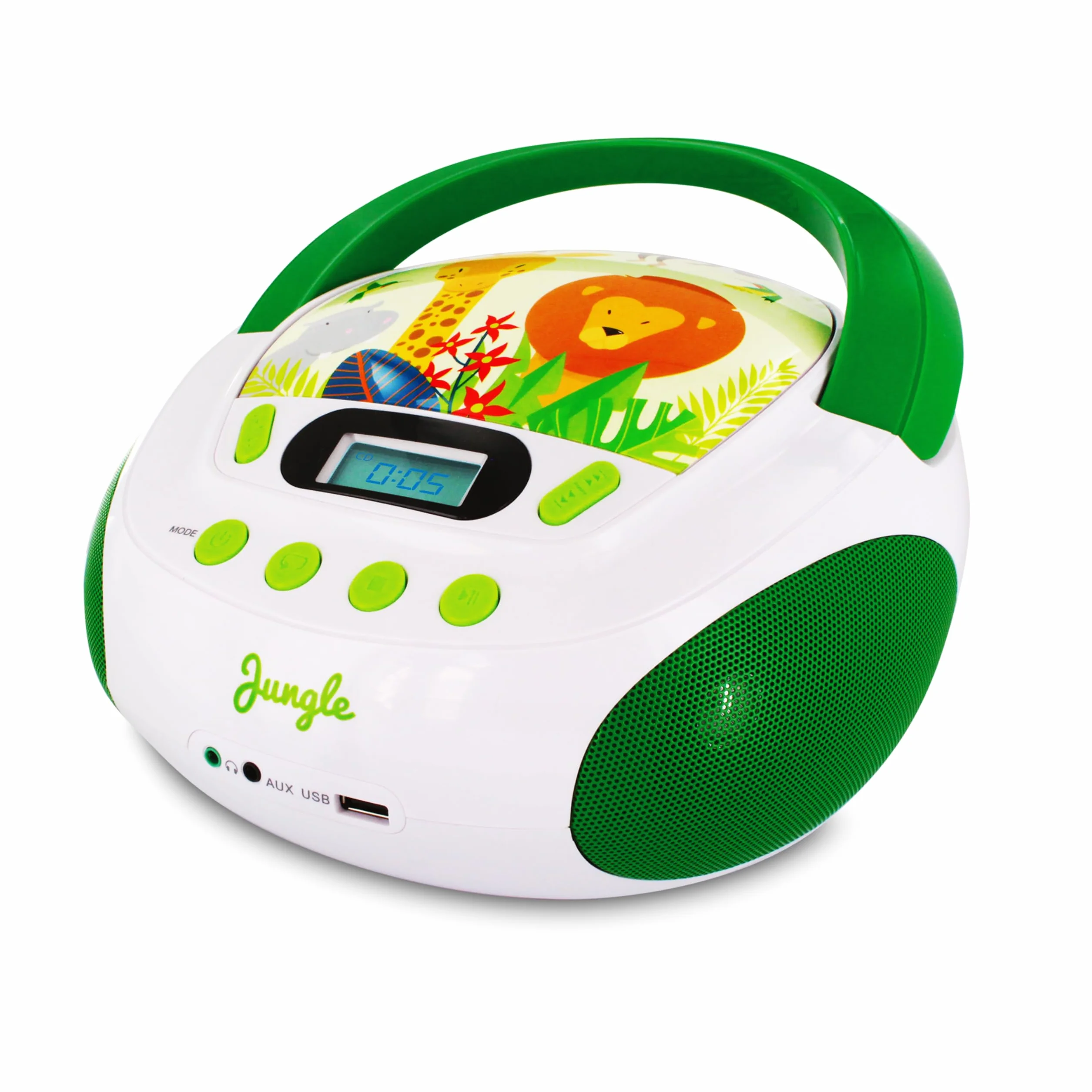 mooov 477144 CD Player für Kinder mit Lautsprechern, USB, Kopfhöreranschluss, AUX-IN-Port - Boombox CD Spieler Tragbar - Netzbetrieb oder Batterien - Modell Jungle - Grün/Weiß