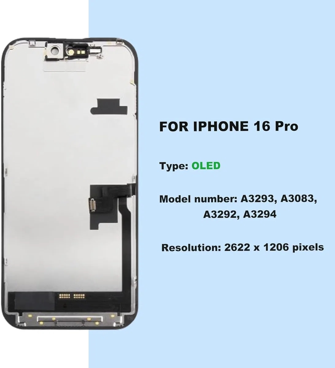 ZOETEC Soft OLED Display für iPhone 16 Pro (Nicht LCD) 6,3'' Full HD Display COF Touchscreen Digitizer Rahmen-Baugruppe mit Reparatur-Werkzeug-Sets, wasserdichter Klebstoff, gehärtetes Glas