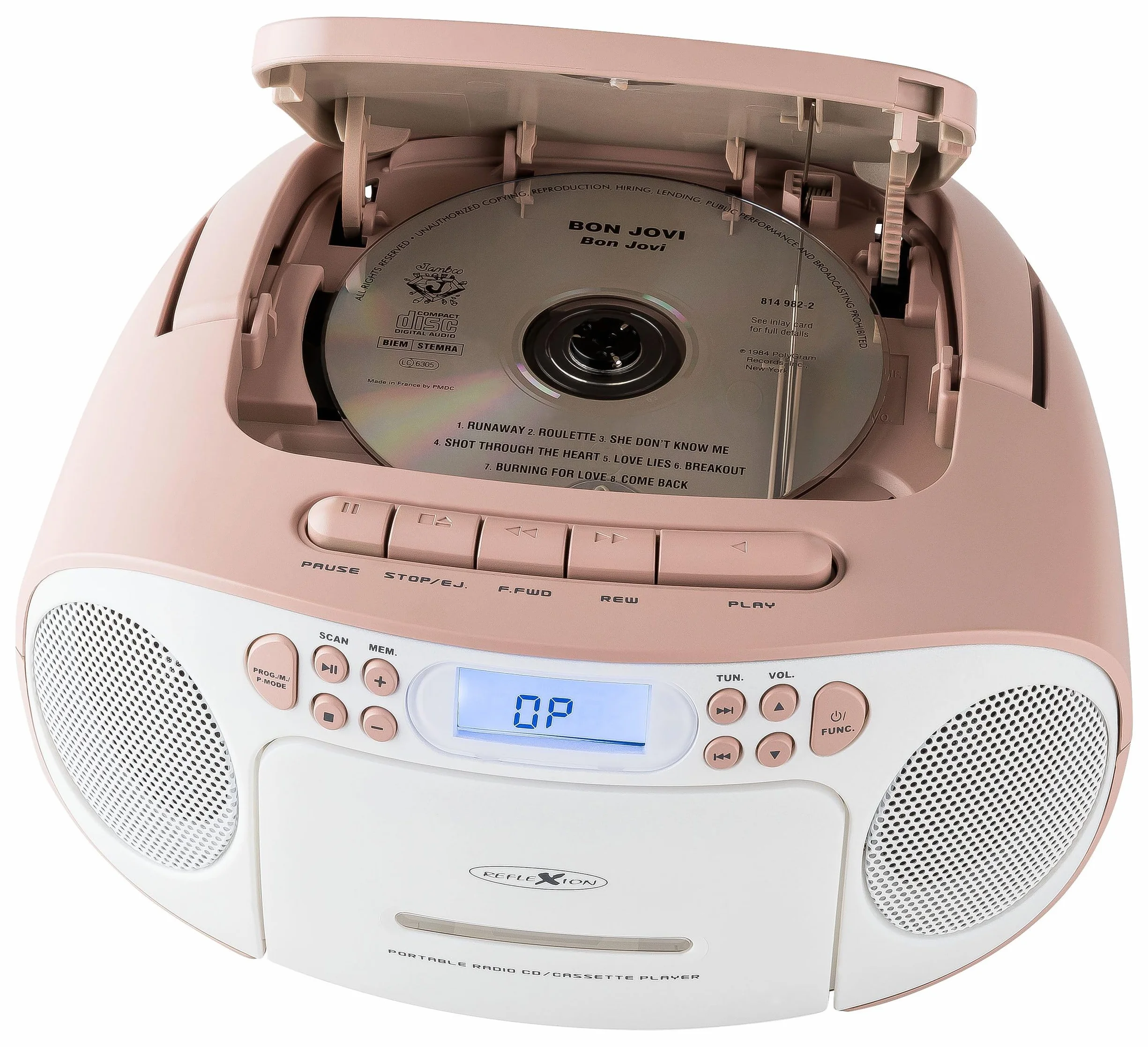 Reflexion RCR2260 CD-Player mit Kassette und Radio für Netz- und Batteriebetrieb (PLL UKW-Radio, LCD-Display, AUX-Eingang, Kopfhörer-Anschluss), weiß/rosa