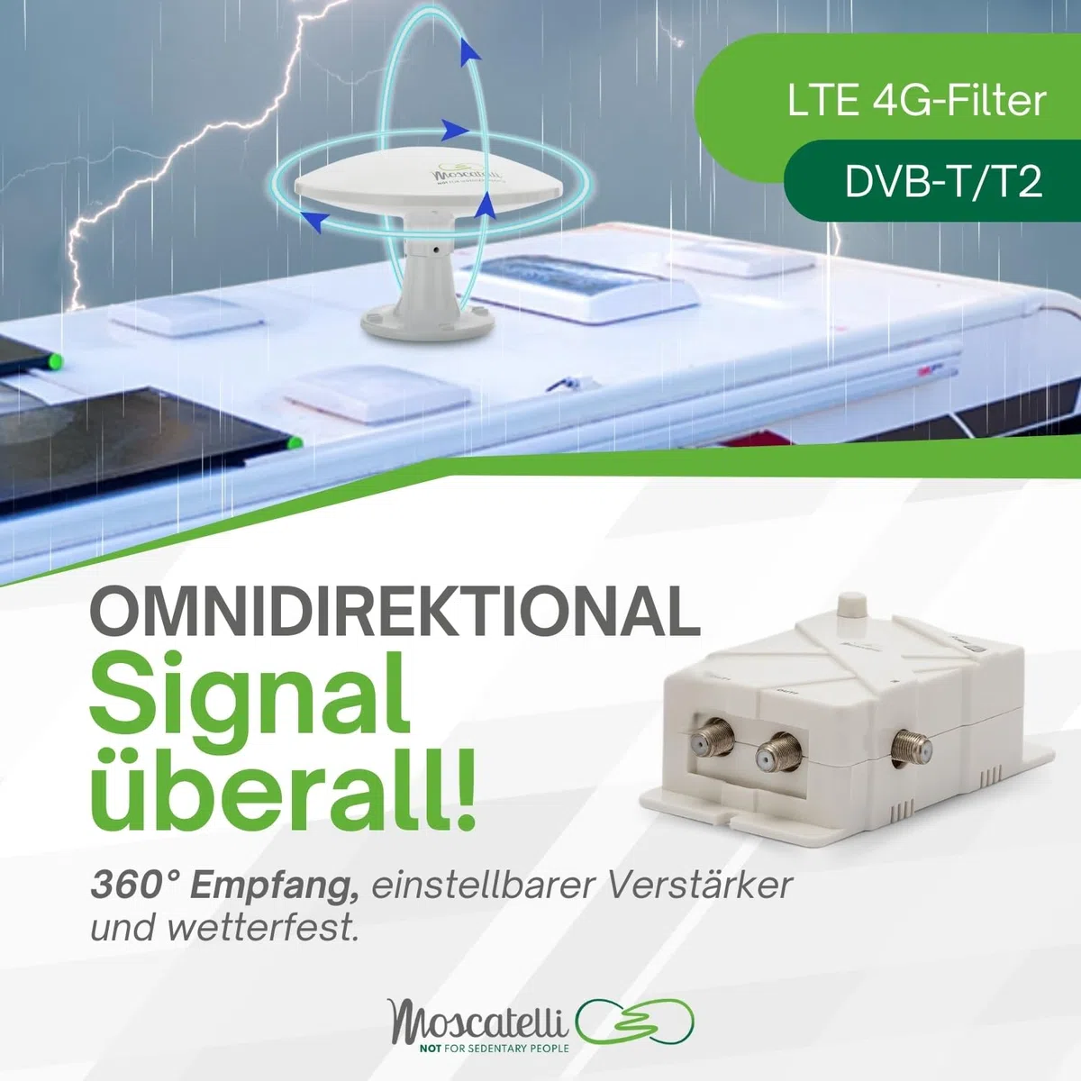 MOSCATELLI Omnidirektionale terrestrische DVB DVBT2 Outdoor Camping Antenne für Wohnmobile und Wohnwagen - 12/24/220V - Kit mit Kabeln, Verstärker und LTE Filter. Wasserdicht, UV-Schutz