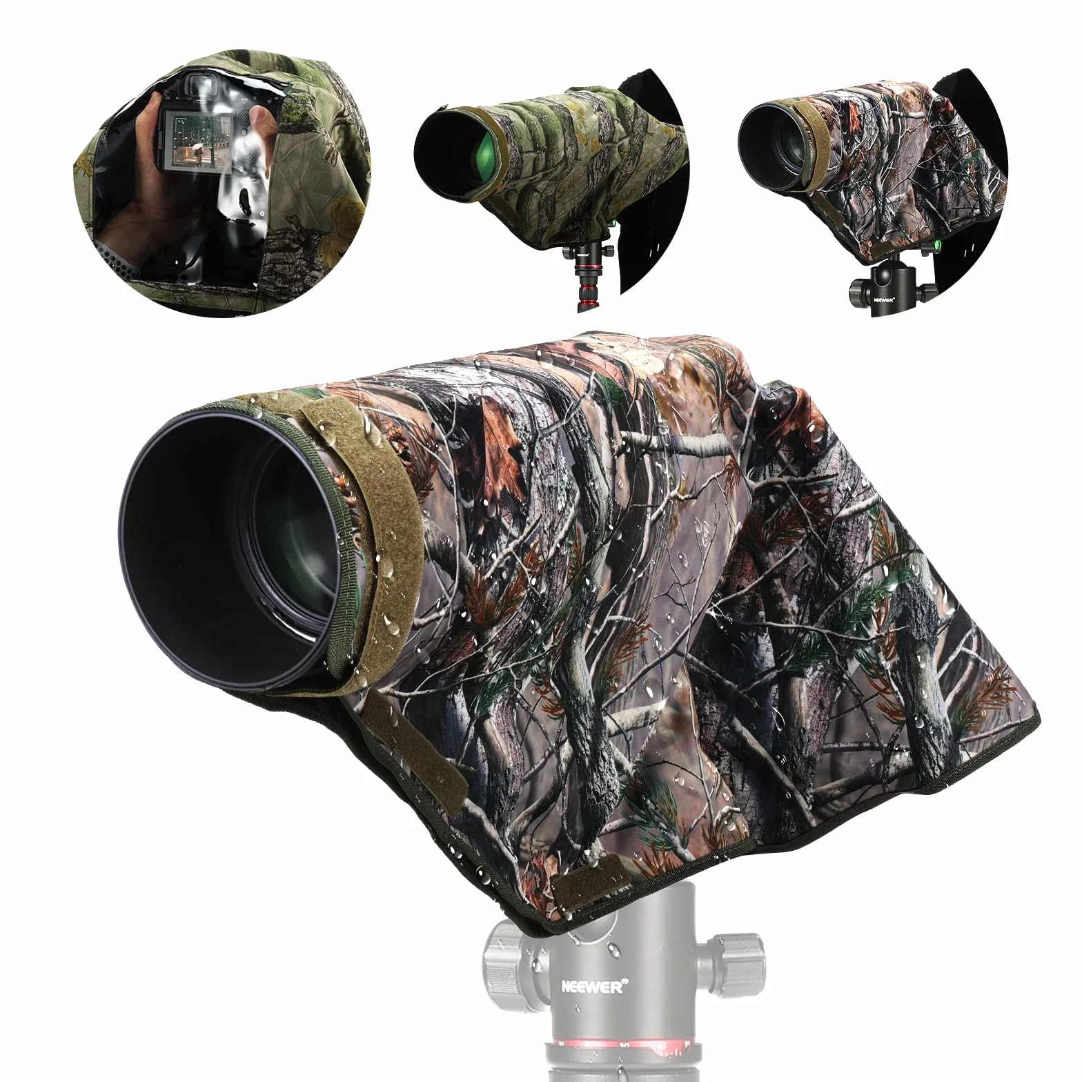 NEEWER Kamera Regenschutz Regenhülle, L großer wasserdichter Regenmantel Schutzhülle für Canon Sony Nikon Fujifilm DSLR Kamera & Objektive bis zu 400mm, beidseitige Tarnung grün Tarn Nylon PB020