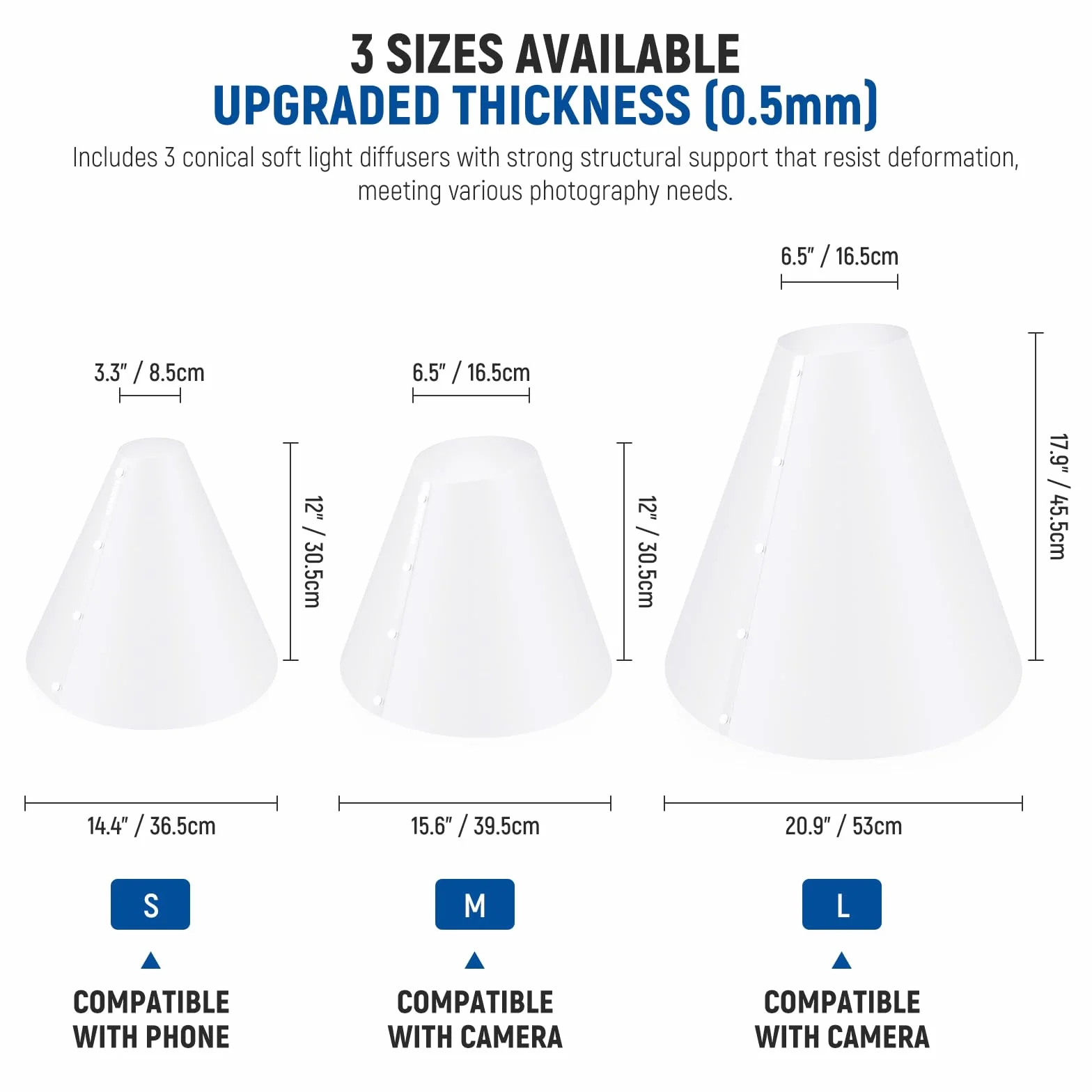 NEEWER Lichtkegel Set (14"/15"/20"), Light Cone 3er Pack, verbesserter 0,5mm Dicker Fotobeleuchtungs Blitzdiffusor Reflektor, Alternative für Schmuck Produktfotografie Lichtbox, Keine Schatten, NK006