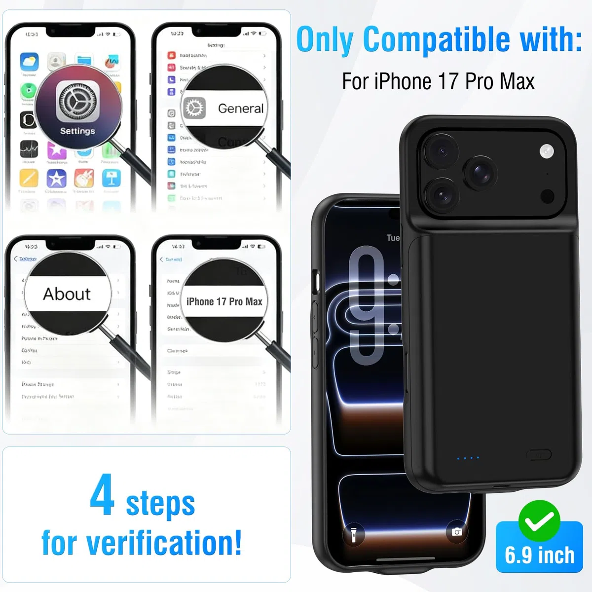 Akkuhülle für iPhone 17 Pro Max(6.9"), 8500mAh Tragbares Ladegerät iPhone Ultradünn Erweiterter Akku Hülle Telefonladegerät und Schutzhülle mit Ladefunktion für iPhone 17 Pro Max- Schwarz