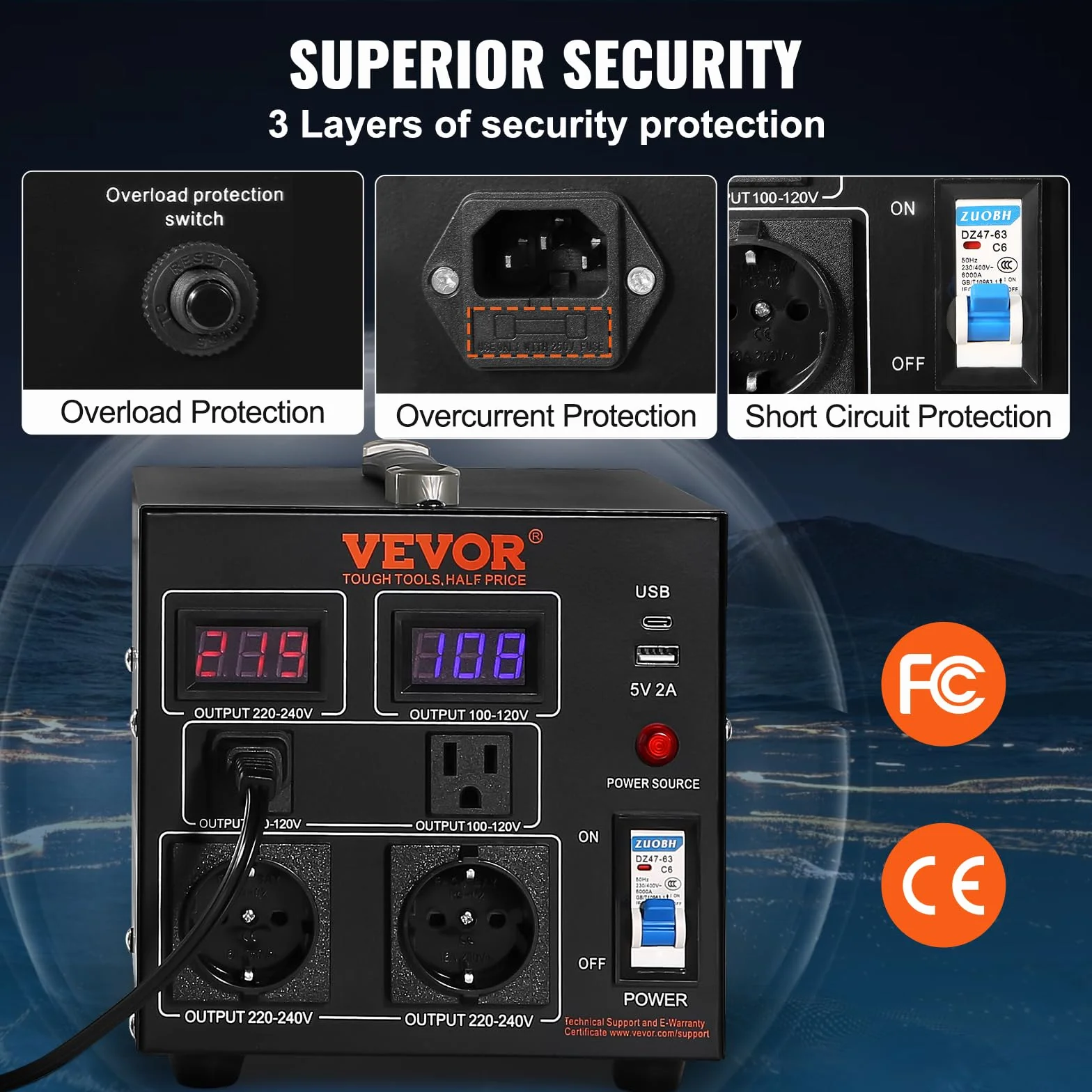 VEVOR 2000W Spannungswandler Transformator AC 110V⇋220V Transformer Wandler 2X US NEMA 5-15R 3-polige/2x standardmäßige europäische Shucko-Ausgangssteckdosen, 1x 5V-USB-Anschluss, 1x Typ-C-Buchse