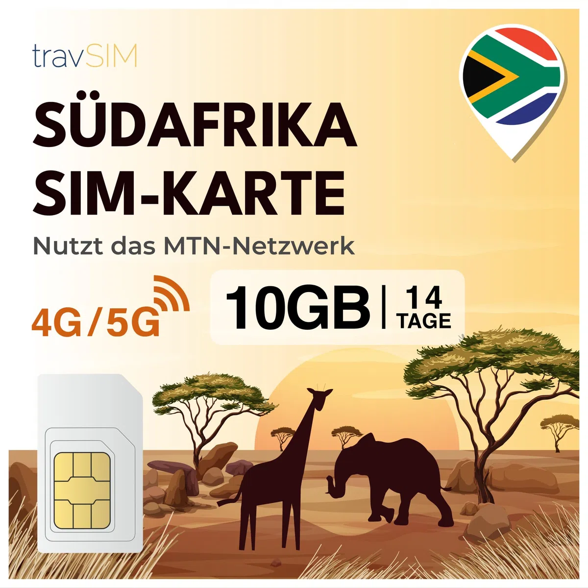 travSIM Südafrika SIM-Karte | Nutzt das MTN-Netz | 10GB Mobile Daten bei 4G |SIM-Karte für Südafrika kann bis zu 3 Geräte hotspotten. | Gültig für 14 Tage