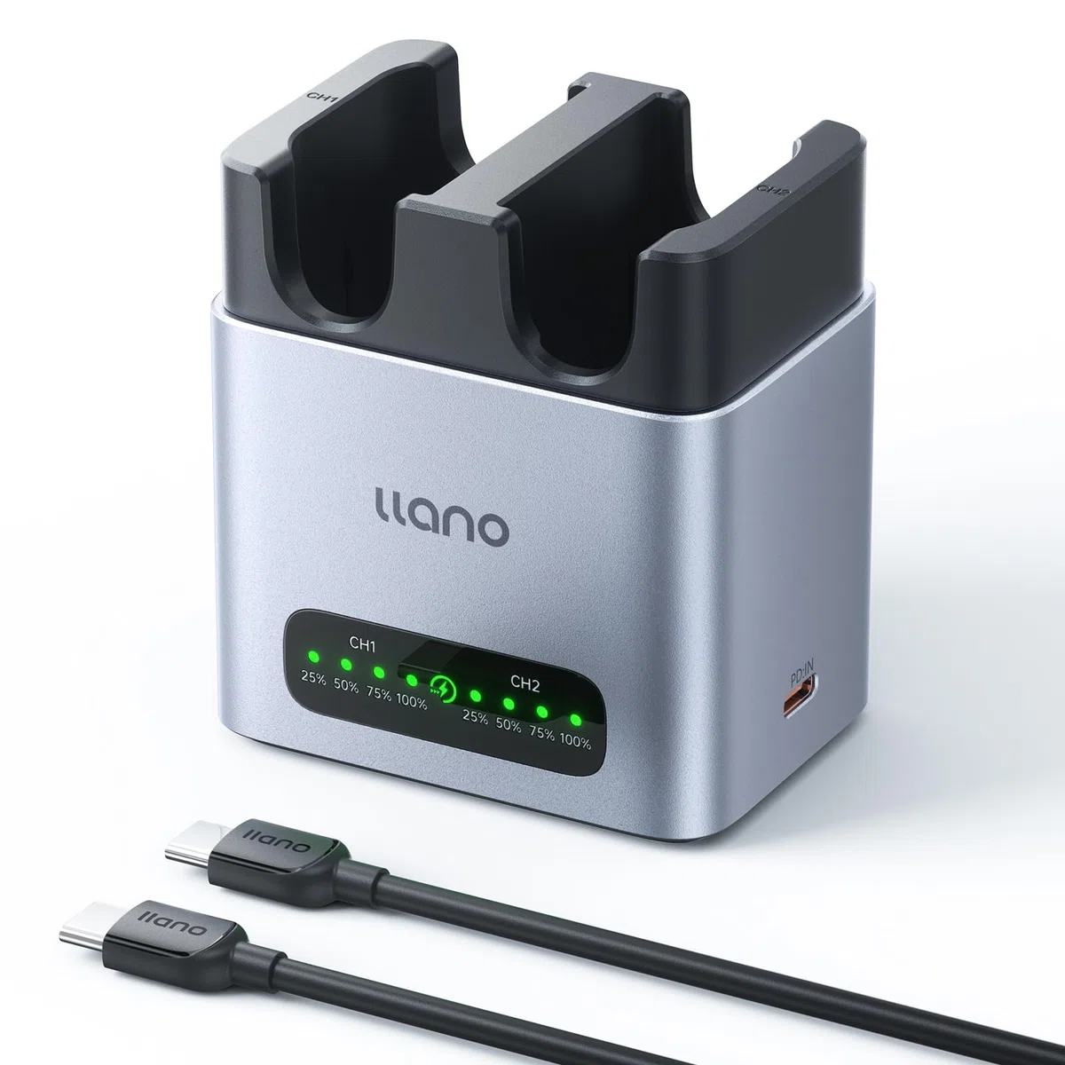 llano DMW-BLK22 20W PD Schnellladegerät für Panasonic Lumix GH5 GH5II GH6 GH7 S5 S5II S5IIX S9 G9II, Dual USB-C Ladebox mit CNC Aluminiumgehäuse & LED-Anzeige (CM2 Serie)