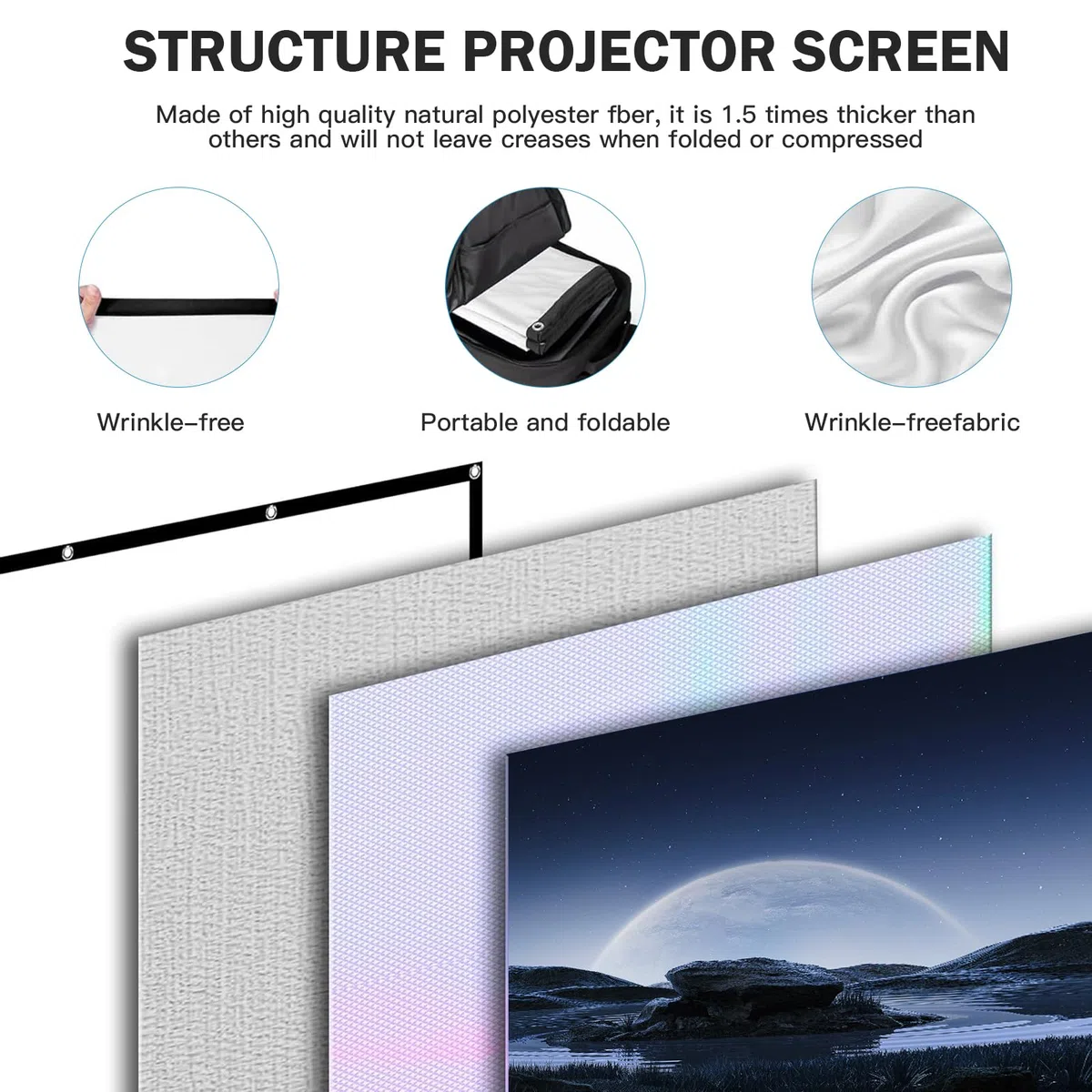 Beamer Leinwand 100 Zoll, 16: 9 Full HD 4K Projektionsschirm, Faltbarer Anti-Falten 3D Projektionswand, Doppelseitige Projektion mit Haken, Seilen, Bildschirm für Heimkino und Freiluftkino