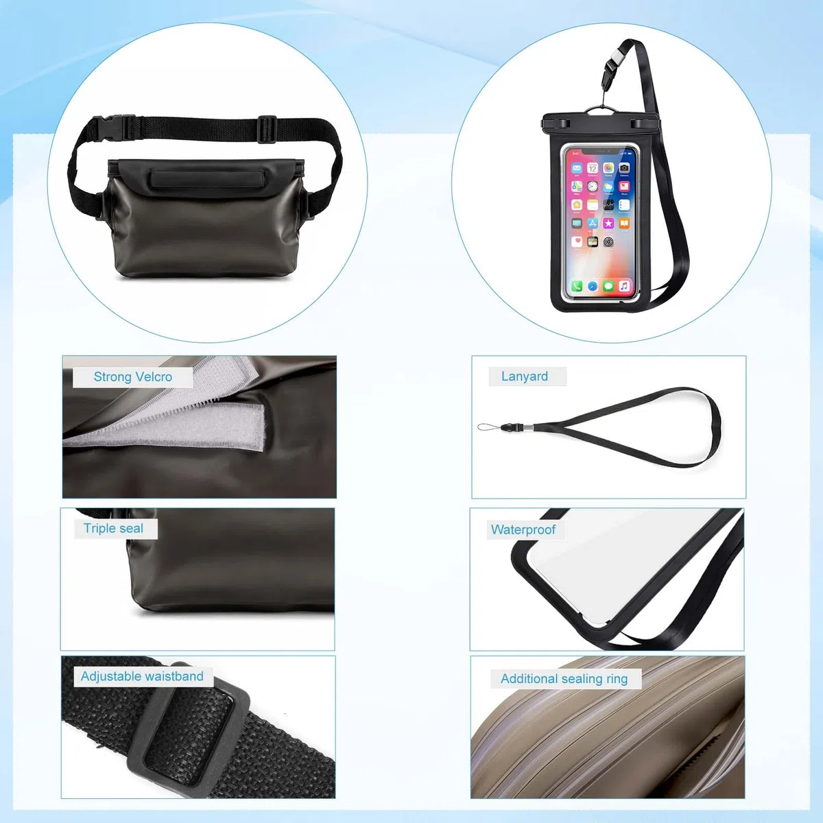 wasserdichte handyhülle & wasserdichte bauchtasche Set - IPX8 handyhülle wasserdicht mit Dreifach-Verschluss, Touchscreen & Face ID, wasserdichte tasche für Strand, Schwimmen, Tauchen, Wassersport