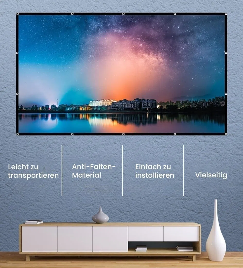 Leinwand Beamer 120 Zoll: Ruschen verdickt und tragbare Beamer Leinwand 265 x 149 cm, 16:9 HD faltbar & knitterarme Projektionsleinwand für Heimkino, Garten, Camping, Büro, inkl. Haken & Seile