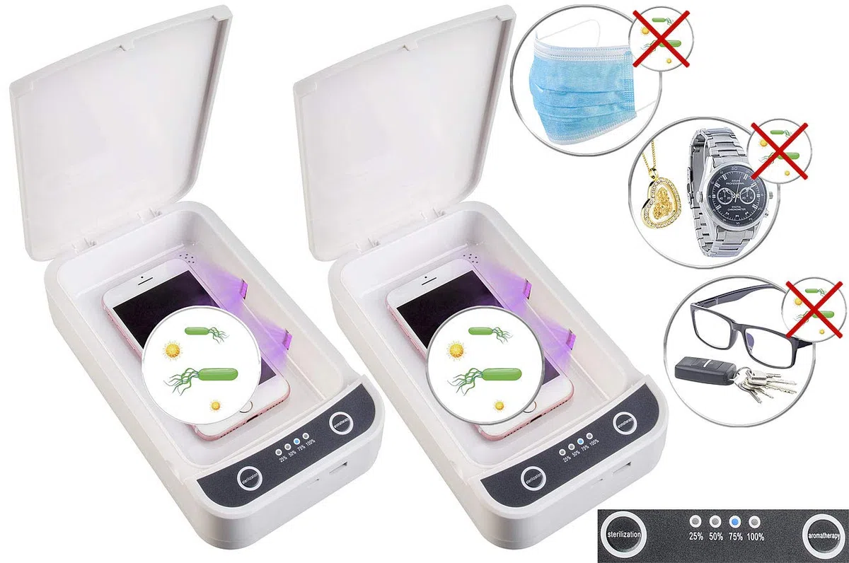 Somikon UV-Sterilisator: 2er-Set UV-Desinfektions-Boxen für Smartphone, Brille, Schlüssel usw. (Sterilisator Desinfektionbox, Desinfektionsbox, NAS)