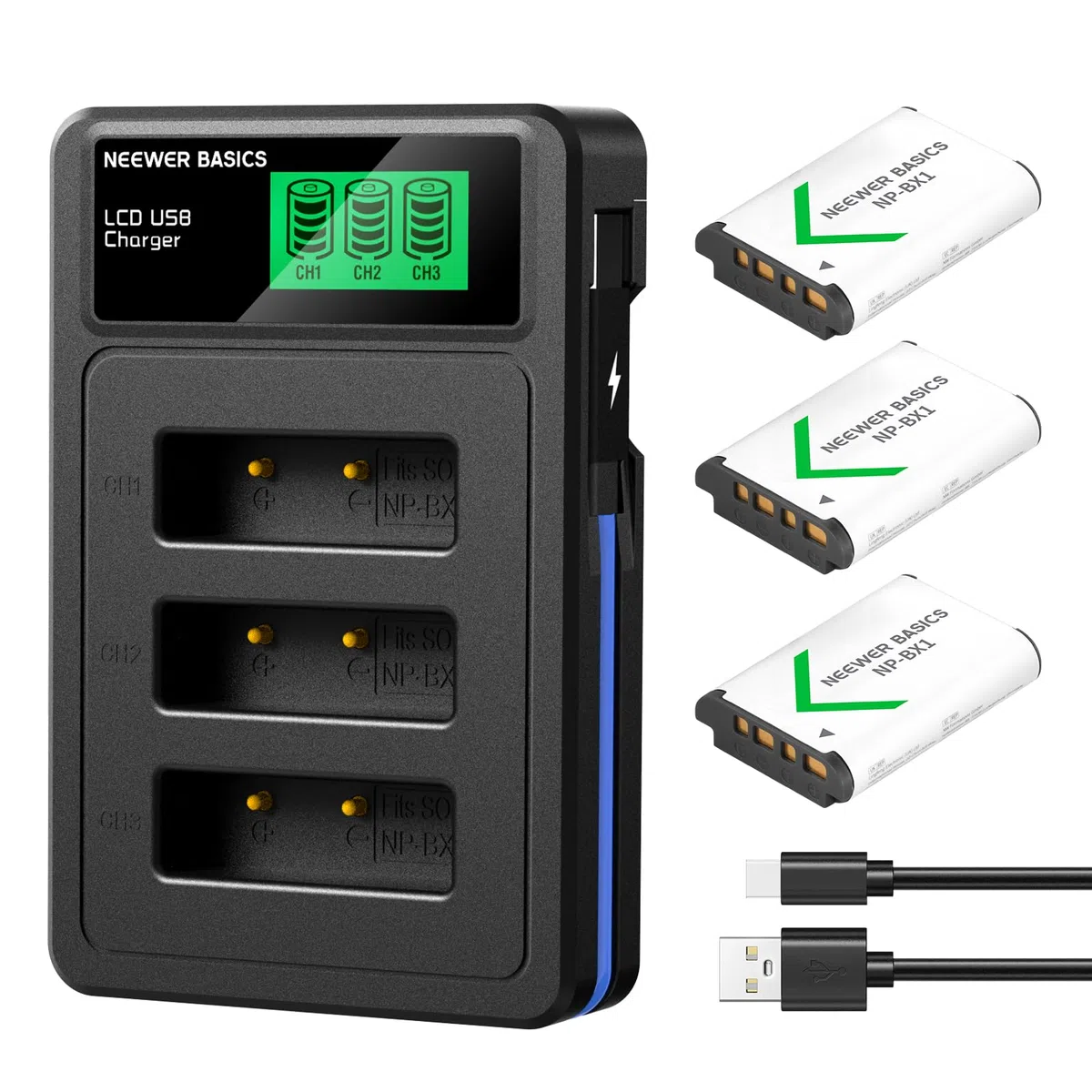 NEEWER Basics 3 Stück NP-BX1 Ersatzbatterien mit USB Dreifach Ladegerät, 1090mAh Kamera Backup Stromversorgung Kompatibel mit Sony ZV1 ZV-1 II Cybershot RX100 RX100II RX100M II HDR-AS15 HDR-AS30