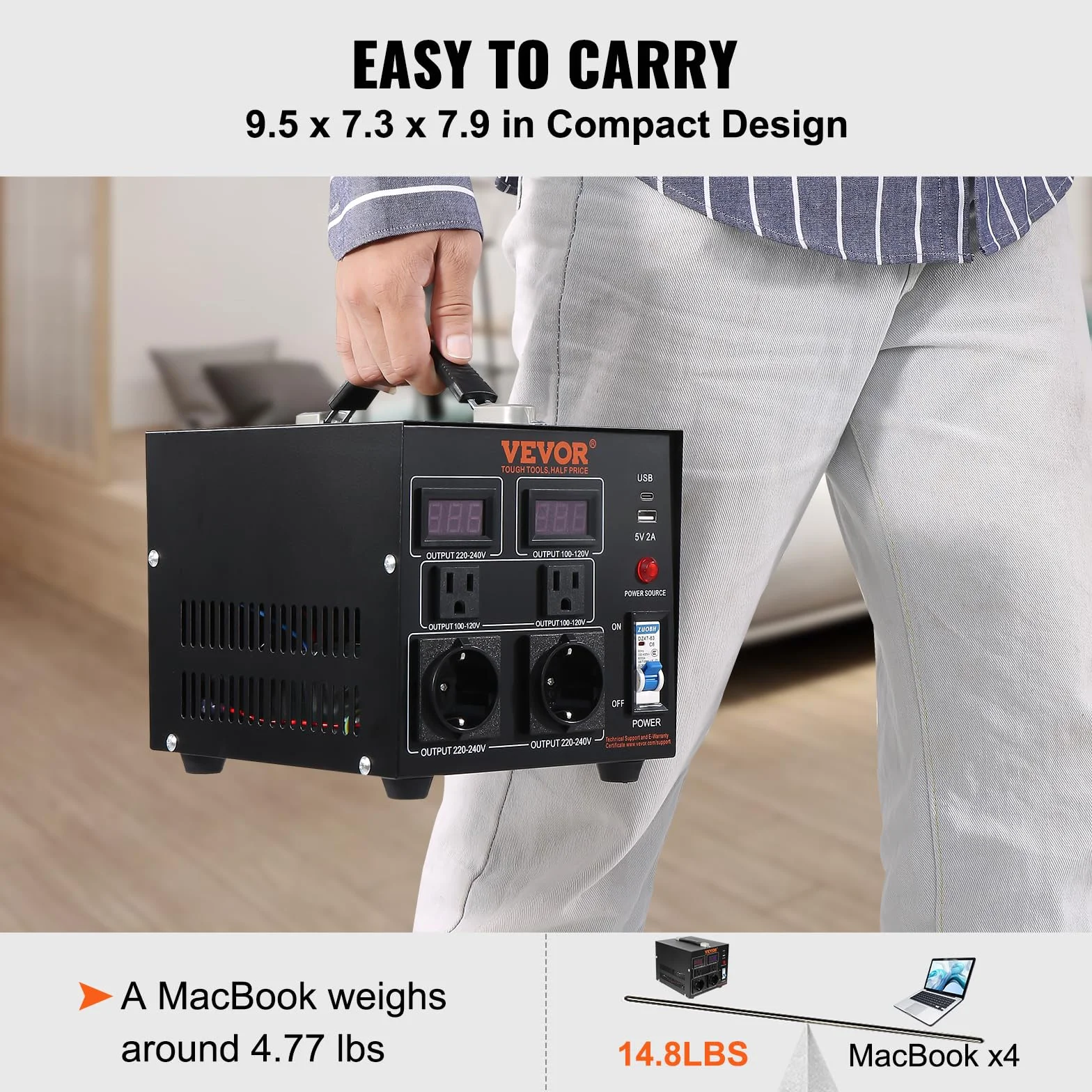 VEVOR 2000W Spannungswandler Transformator AC 110V⇋220V Transformer Wandler 2X US NEMA 5-15R 3-polige/2x standardmäßige europäische Shucko-Ausgangssteckdosen, 1x 5V-USB-Anschluss, 1x Typ-C-Buchse