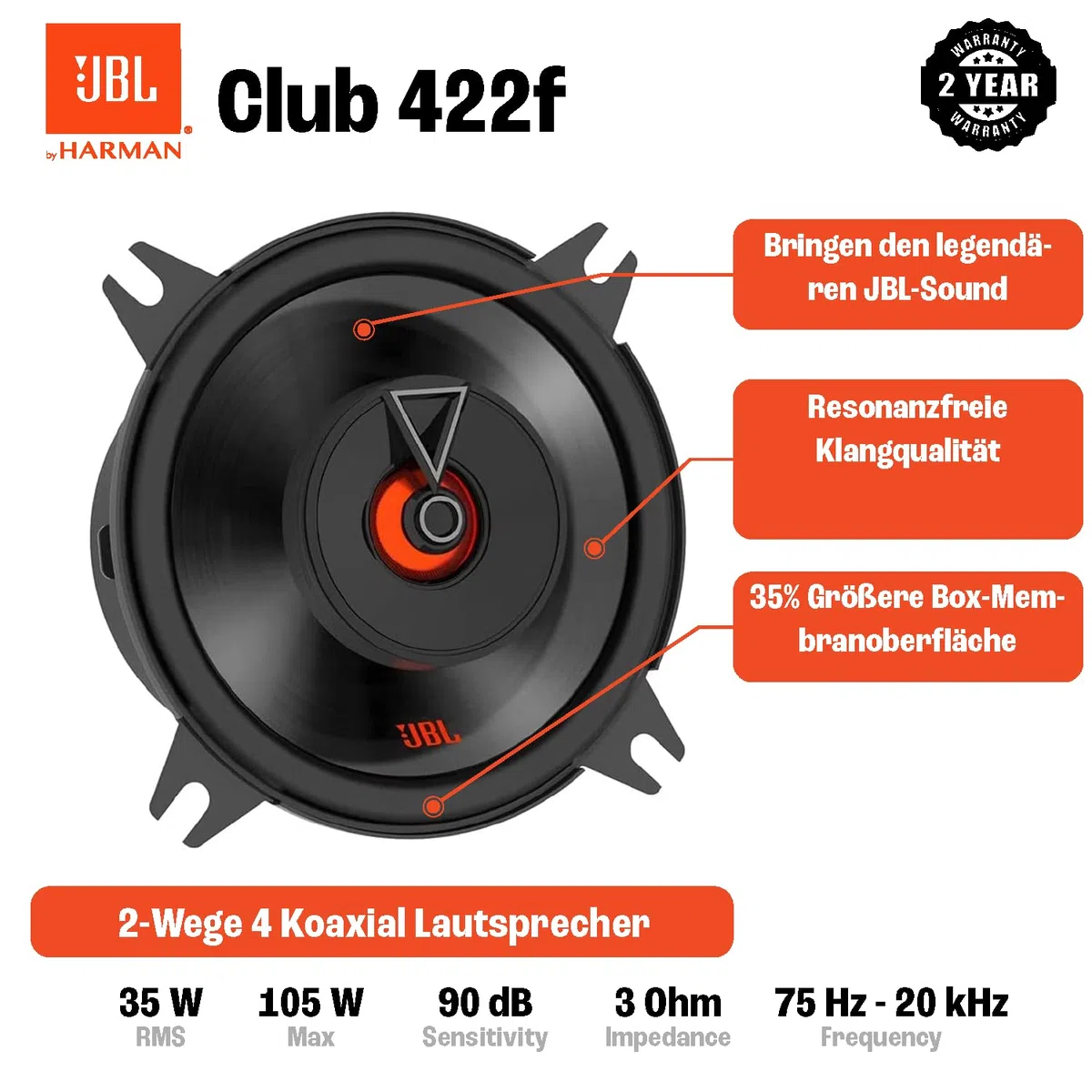 JBL Club 422F 2-Wege Autolautsprecher Set von Harman Kardon - 105 Watt KFZ Auto Lautsprecher Boxen 10 cm | 100 mm | 4 Zoll, Black