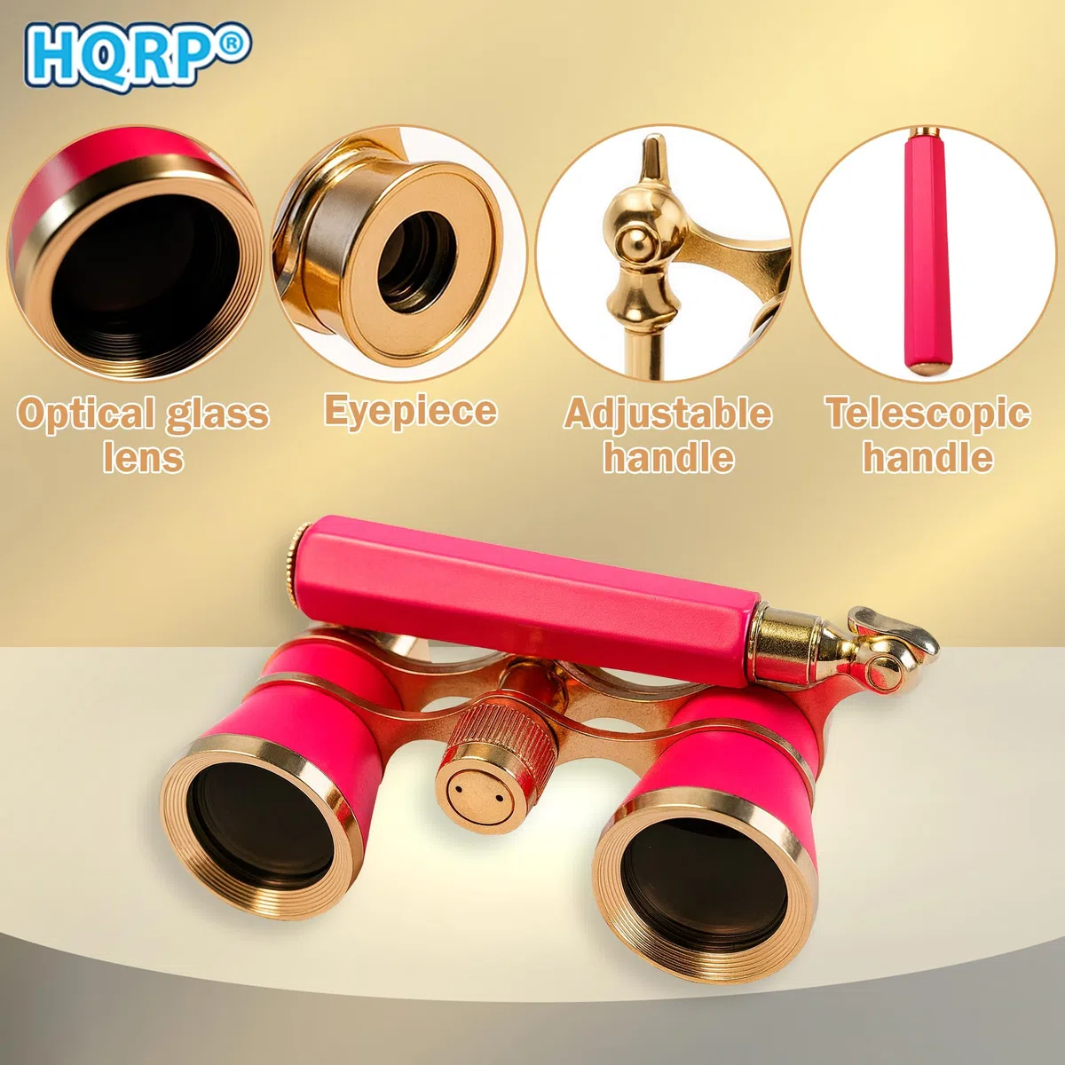 HQRP 3 x 25 Opernglas Fernglas mit eingebautem ausziehbarem Griff/rosa Perle mit Goldrand
