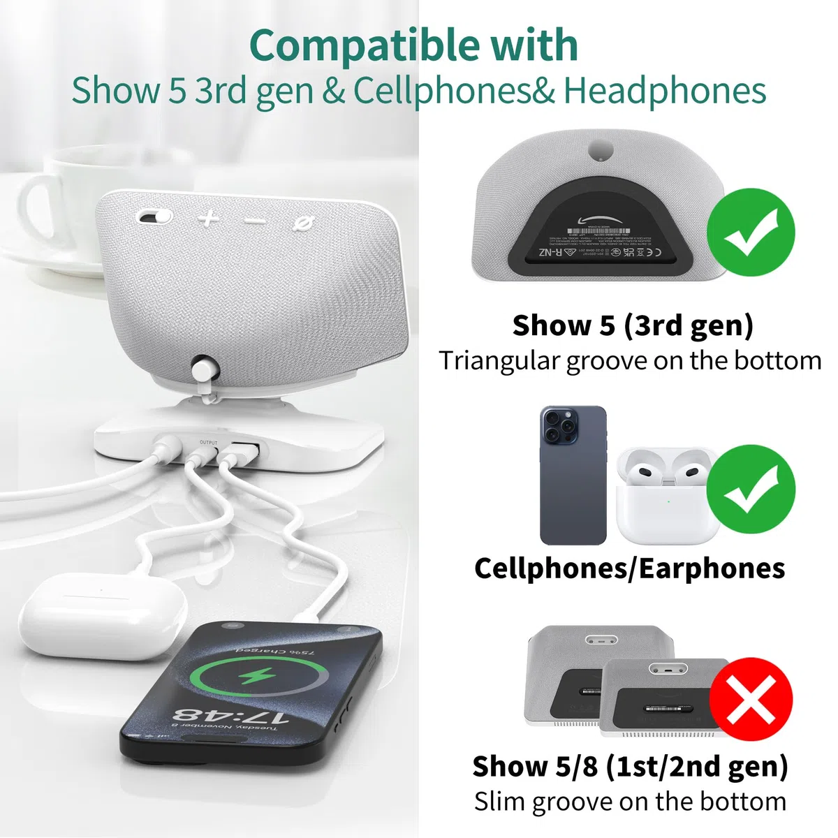 PlusAcc Ständer für Show 5 & Handy mit USB-C/A-Ladeanschluss - Verstellbare Ladeständer Halterung Ladestation Basis kompatibel mit Show 5 3.Gen/iPhone/iPad (Weiß)