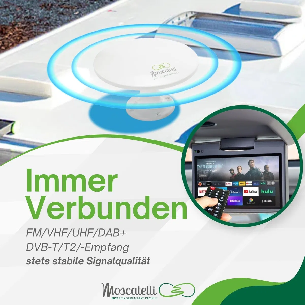 MOSCATELLI Omnidirektionale terrestrische DVB DVBT2 Outdoor Camping Antenne für Wohnmobile und Wohnwagen - 12/24/220V - Kit mit Kabeln, Verstärker und LTE Filter. Wasserdicht, UV-Schutz