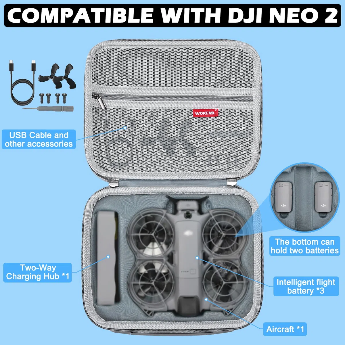 Neo 2 Tasche mit Verstellbarem Schultergurt – Tragbare Tragetasche für DJI Neo 2 Drohne, Akkus, Zweiwege-Ladestation und Sonstiges kleines Zubehör – Grau PU
