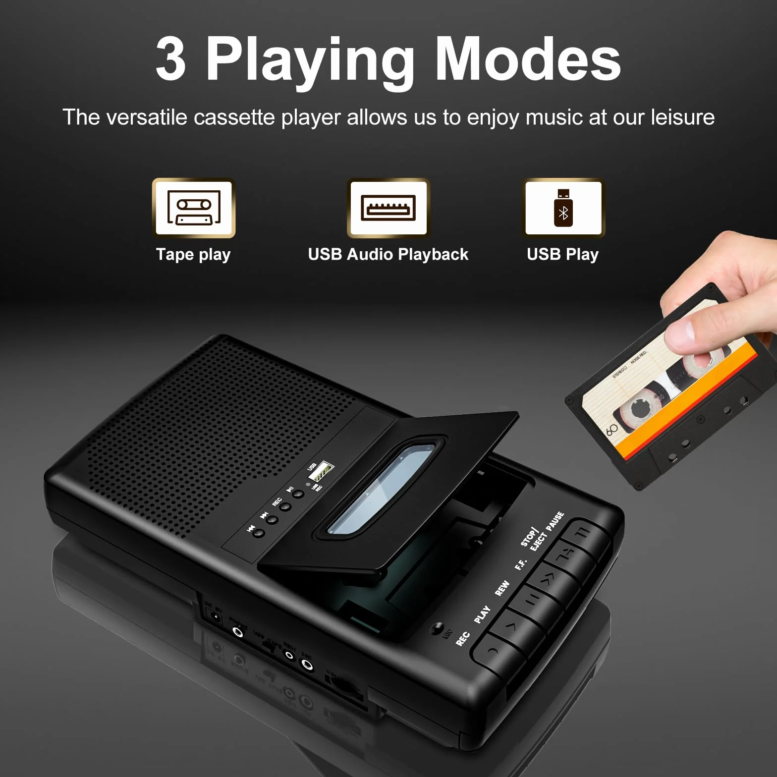 Tragbarer Kassettenrecorder mit One Touch Aufnahme, Mobiler Kassettenspieler & USB-Digitalisierer,Kassettenspieler-Recorder,Eingebauter Lautsprecher, Ausziehbarer Griff, 3,5-mm-Kopfhörer,Schwarz
