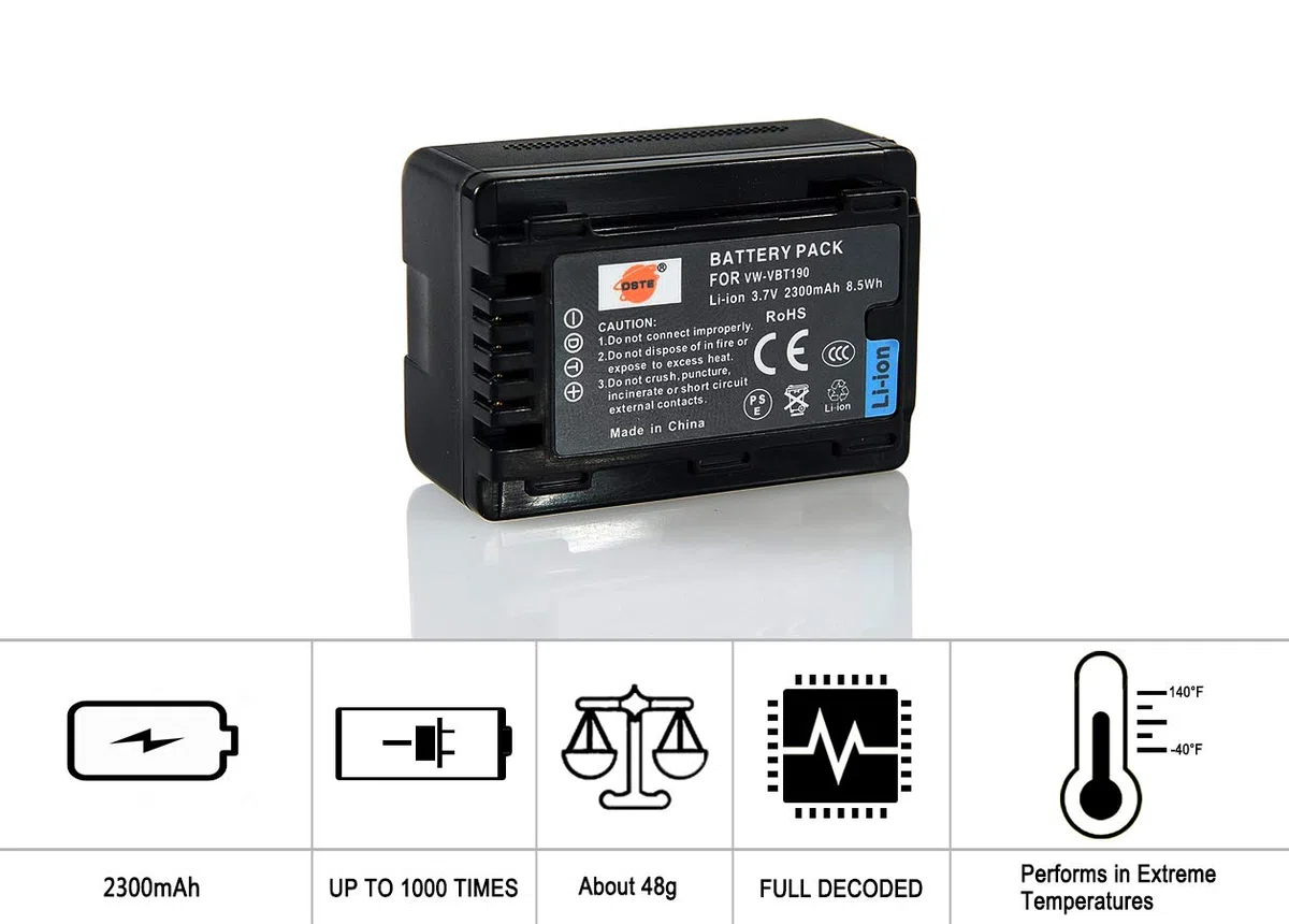 DSTE Ersatz Batterie Li-Ionen-Akku Compatible für VW-VBT190 und Panasonic HC-V270,HC-V380,HC-V510,HC-V520,HC-V520M,HC-V530,HC-V550,HC-V550M,HC-V710,HC-V720,HC-V720M,HC-V727,HC-V730