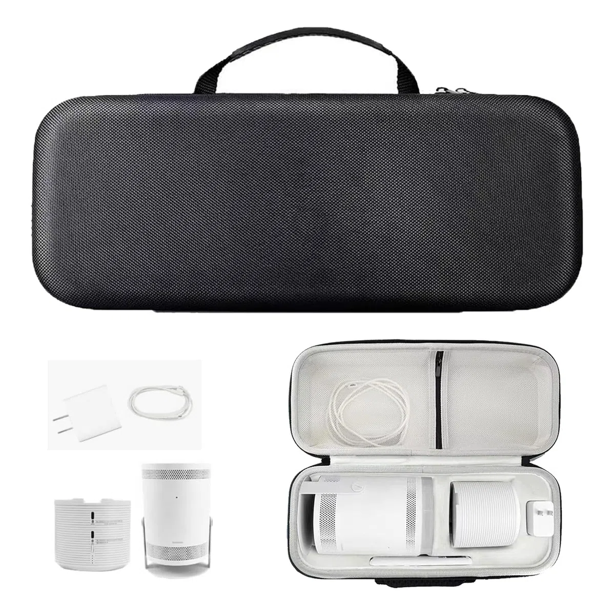 Tragetasche für Projektor, schutzhülle für Samsung The Freestyle Projector und Akku Basis, Eva Hartschale Schutzbox Tragbare Reise Aufbewahrungstasche Kratzfest stoßfest Schwarz 37.5x15.5x12cm