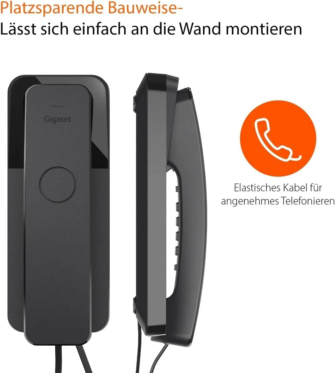 Gigaset Desk 200 - Schnurgebundenes platzsparendes Telefon mit elastischem Kabel - 10 Kurzwahleinträge - Wahlwiederholung - MFV- oder Impulswahl einstellbar, schwarz [Deutsche Version]