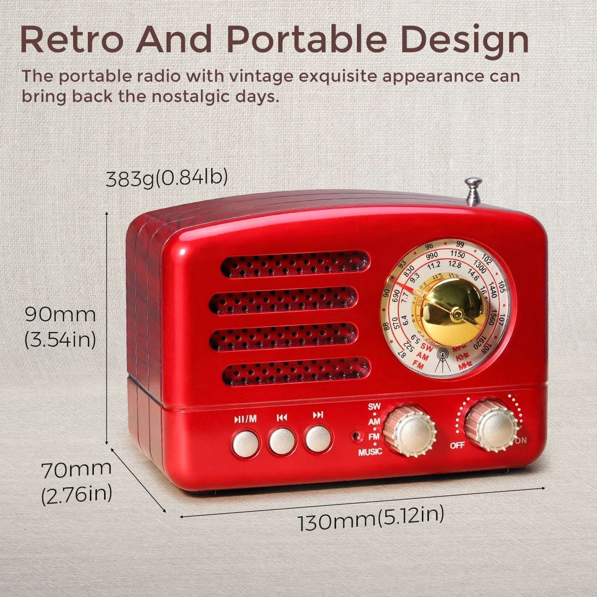 PRUNUS J-160 AM/FM/SW Retro Radio mit Bluetooth, Nostalgie Radio Klein mit 1800mAh Akku, Kleines Radios Küchenradio, Transistorradio Unterstützt USB/TF/Aux Funktion.(Rot)