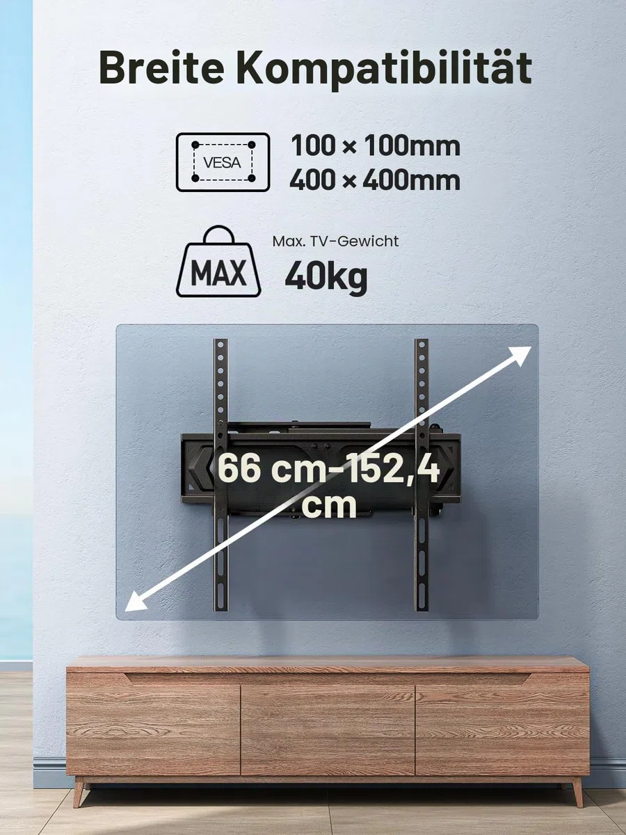 PERLESMITH TV Wandhalterung, für 26-60 Zoll Fernseher bis zu 40 kg, Schwenkbare Neigbare TV Halterung 43 55 Zoll, Wandhalterung Fernseher Max. VESA 400x400 mm, PSMFK10