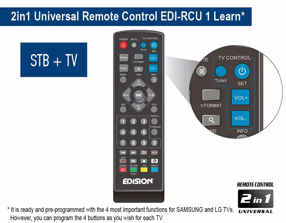 EDISION Picco T265 Plus Terrestrischer DVB-T2 & Kabel-Receiver DVB-C H.265 HEVC FTA Full HD PVR, USB, HDMI, SCART, S/PDIF, IR, USB WiFi Support, Universal 2in1 Fernbedieung
