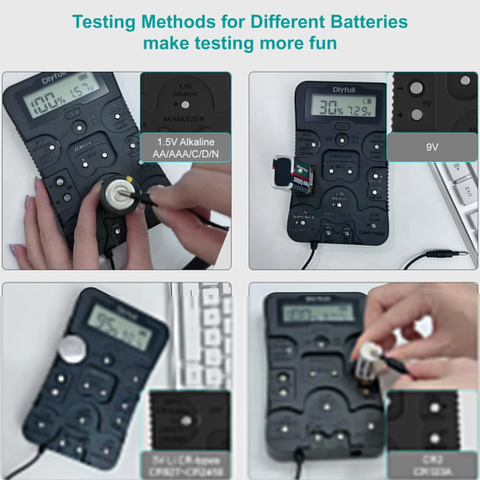 Dlyfull Universal Batterietester für AAA AA C D 9V CR123A CR2032, Batteriemessgerät mit LCD Display für Alle Batterien und Akku, Digitaler Testgerät für 1,5V und 3V Knopfzellen, B4 pro