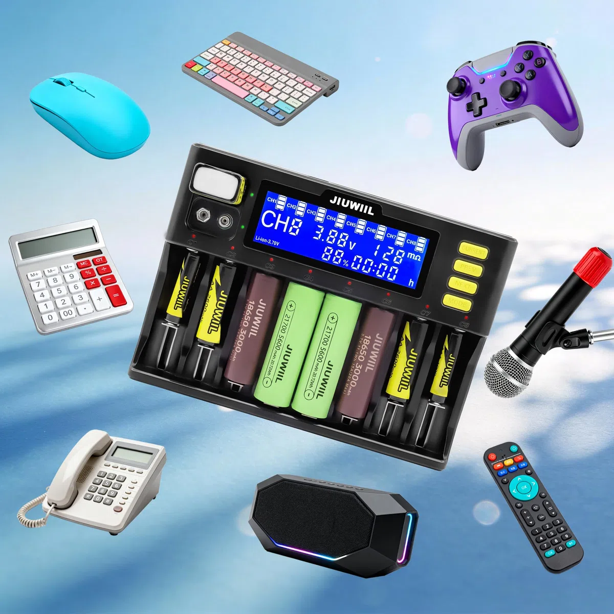 18650 Akku Ladegerät, JIUWIIL 8+2 Schacht Schnellladung Universal Akkuladegerät mit LCD-Display für Wiederaufladbare Akkus Li-Ion LiFePO4 26650 17500 16340 18650 14500 10440 & 9V