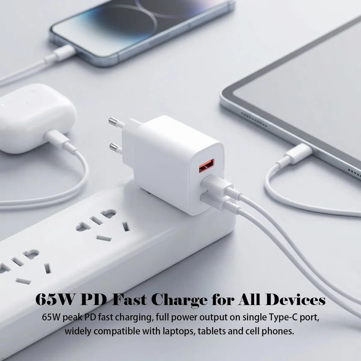 2er Pack USB C Ladegerät 65W 3 Port, Schnellladegerät PD, weiß | 3 Porte: 2x USB-C + 1x USB-A. 65W Gesamtleistung, PD Kompaktes GaN-Design für Zuhause, Büro und Reise. EU-Stecker.
