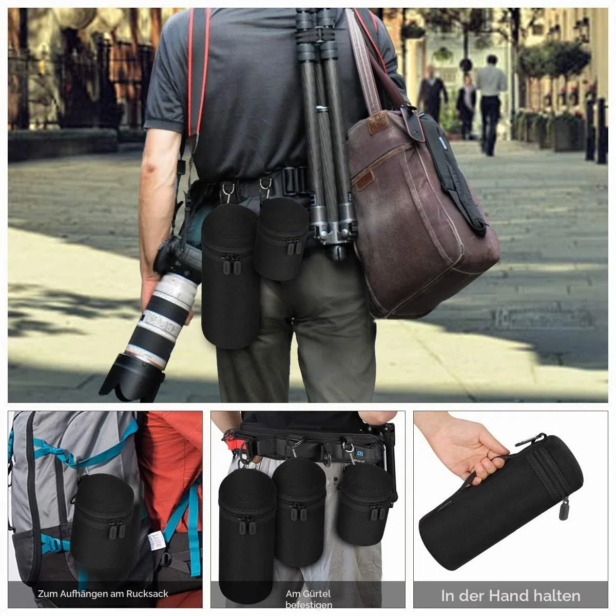 Arvok Objektivtasche, 4 Größen Neopren Objektivbeutel, wasserdichte Schutzbeutel für Kamera Objektiv, 5mm Dicke Wasserabweisend und Stoßdämpfend für DSLR-Kameraobjektiv, Schwarz & Grau