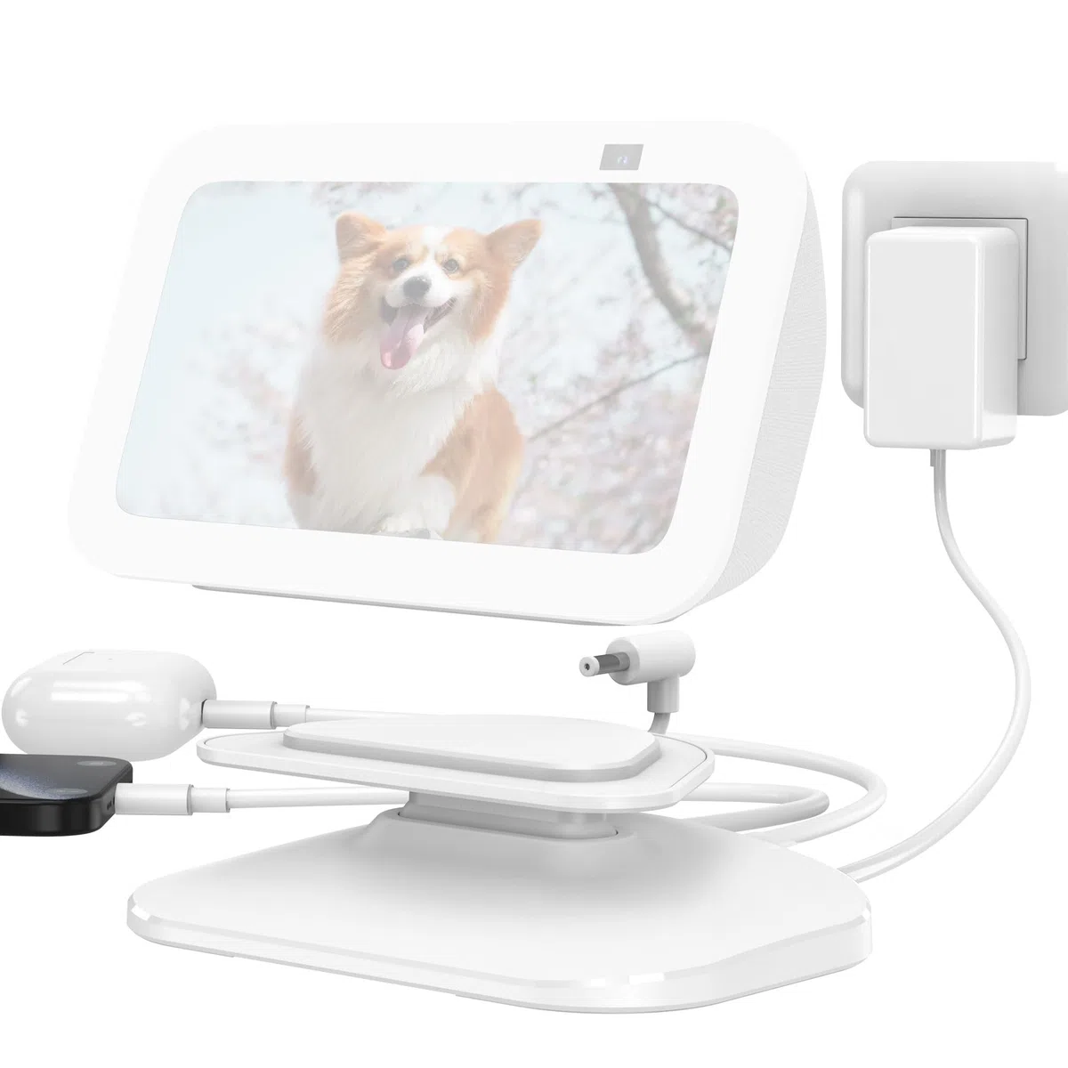 PlusAcc Ständer für Show 5 & Handy mit USB-C/A-Ladeanschluss - Verstellbare Ladeständer Halterung Ladestation Basis kompatibel mit Show 5 3.Gen/iPhone/iPad (Weiß)